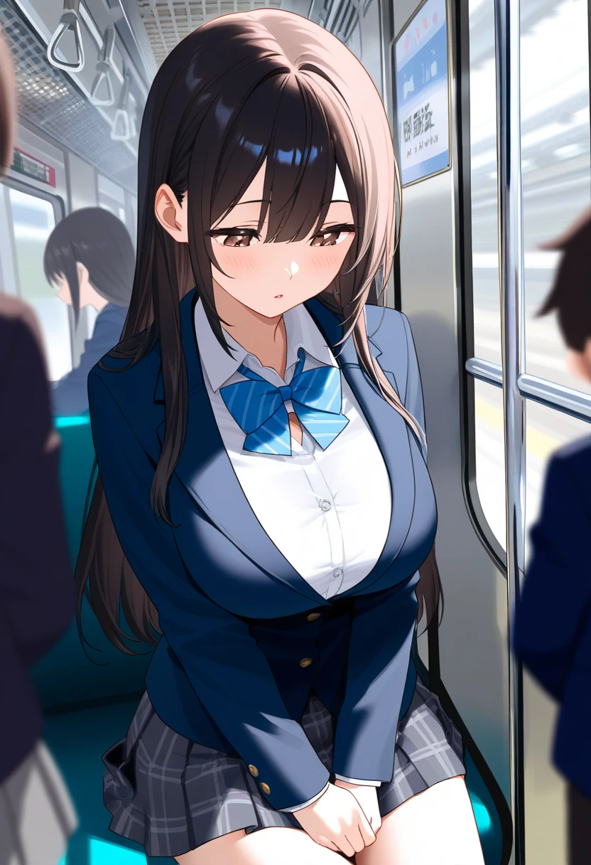 NSFW, photorealistic, top-quality, masterpiece, 1 Korean women , female only, ABSOLUTELY NO MALE, absolutely no men, VERY crowded female only subway train interior detailed scenario, VERY crowded Korean female only subway train interior detailed background,    sitting on subway chair insanely hot (woman 1) using sexy ((school uniform)), (((lifted skirt)), (thick thighs), (fear expression) (black tights pantyhose), blushed face, 