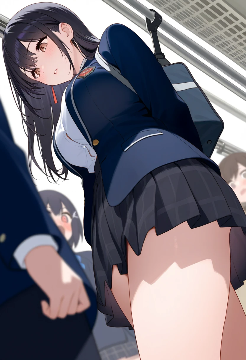 score_9,score_8_up,score_7_up,score_6_up,score_5_up,hd5,hadrian, 1girl, ama_mitsuki, underwear, panties, skirt, long hair, multiple views, jacket, bow, pleated skirt, bra, shoes, bangs, socks, hands in pockets, pantyshot, bag, bowtie, black hair, standing, from below, miniskirt, brown eyes, ass, black footwear, loafers, shirt, breasts, school uniform, blunt bangs, coat, striped, full body, bare legs, black jacket, blue bow, plaid, long sleeves, blush, dated, black skirt, looking at viewer, white shirt, collared shirt, brown hair, blue bowtie, sweater, thighs,