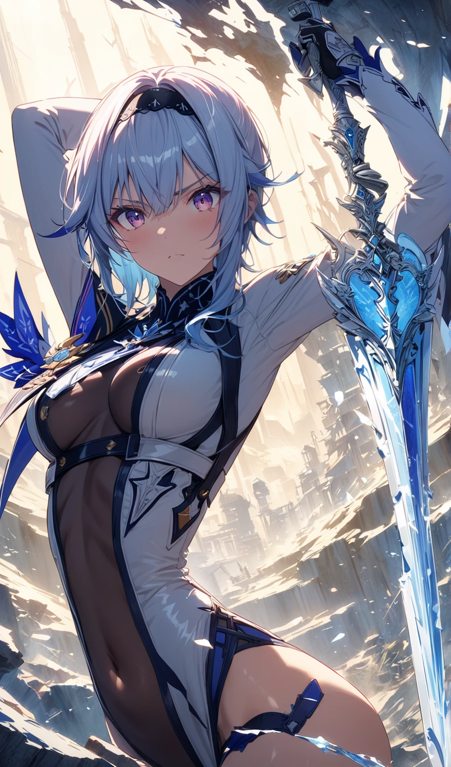(masterpiece, best quality, ultra-detailed, best shadow), (detailed background,dark fantasy), (beautiful detailed face), high contrast, (best illumination, an extremely delicate and beautiful), ((cinematic light)), hyper detail, dramatic light, intricate details, (1 girl, solo,white hair, sharp face, (blue and red eyes), hair between eyes, dynamic angle), swirling black light around the character, depth of field,black light particles,(broken ice),magic circle,cat girl,short hair, xenoblade, (((heterochromia))),cat ears, freckles, dynamic pose