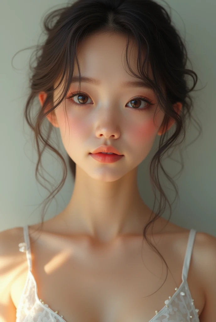Teenage girl wearing a skirt and a white top and thin legs. Lite brown hair green eyes. Photorealistic. Full front view