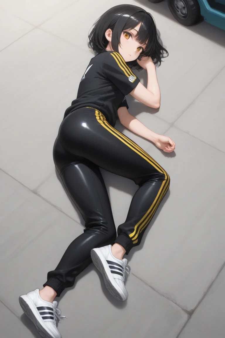 (From above2.0,from side),Inside the sports gym,inside the dance studio,One 16 years old girl,sweat,dark skin color,short black hair,displeased,sulky,high-neck-leotard,((loose socks)),((loose socks)),((sneaker)),bodysuit,sitting on the ground,spread legs,feet together.
