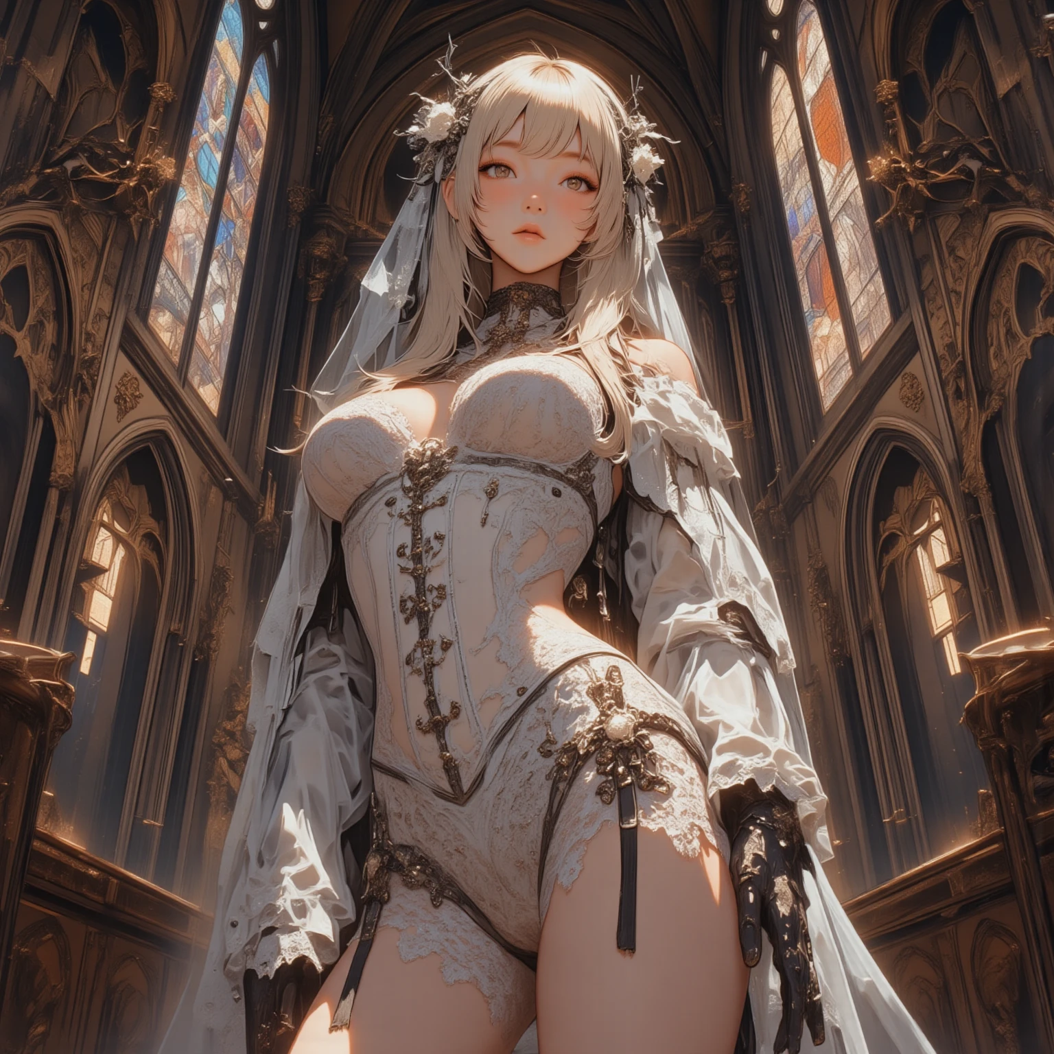 (masterpiece:1.8),(Highest quality:1.8),(Very detailed:1.8),(8K:1.8),(Ultra-fine Illustration:1.5),,,Straight low twintail,Flat Chest,Small Ass,(High-grade metallic silver,,lingerie:1.4),(Prayer Pose:1.5),Vintage sofa,,(Full body angle), Stained glass,