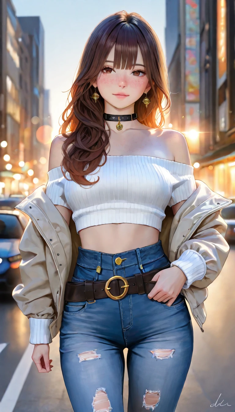 tmasterpiece，Best quality at best，8k，seios grandes，clivagem，
Females， solo， olhando para o espectador， cabelo curto e detalhado，pectoral hat with large neckline， umbigo， titular，cabelos pretos， 鎖骨， 耳Nipple Ring， cabelo curto e detalhado，Abdomen， Slacks，Casaco， fur trim， Denim， Denim Jeans Pants， Casaco decorativo de pele， Casaco nos ombros， Tampo Amarelo，///，