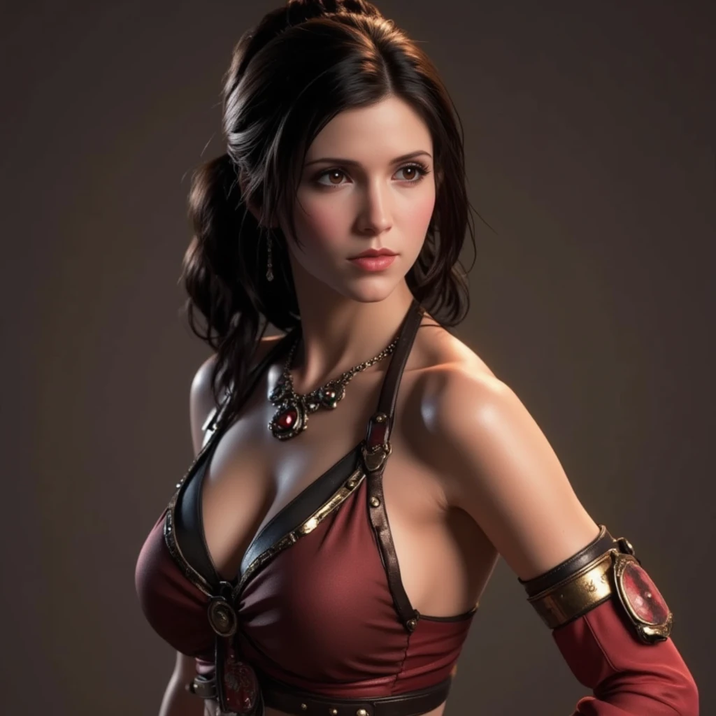 Lucy Pinder, ((VERY INTENSE MAKEUP)), sexy woman, voluptuous, cleavage, (Aishwarya Rai), chubby, lace, brown hair, ponytail, long sleeve crop top, red crop top, blue vest, belt, long gloves, red shorts, pantyhose, smiling.
