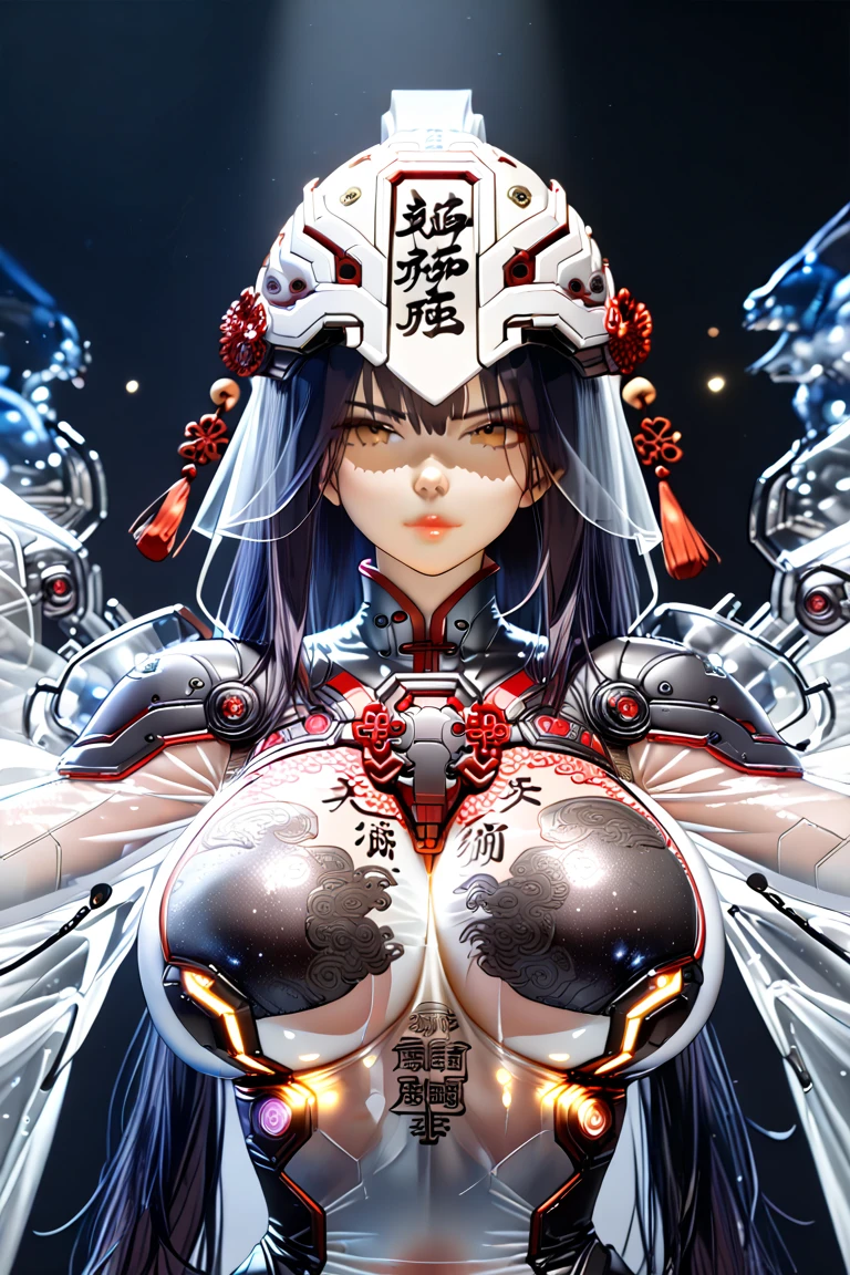 Best quality, masterpiece, ultra high res, raw photo, beautiful and aesthetic,deep shadow, dark theme,(photorealistic:1.4),
1girl, smile, chinese_clothes, in white and red, (huge breast:1.3), cleavage, cyberhanfu, Cheongsam, cyberpunk city, Headdress, cat ears hair ornament, long hair, cyberpunk, a high-tech city, full of machinery and futuristic element, futurism, technology