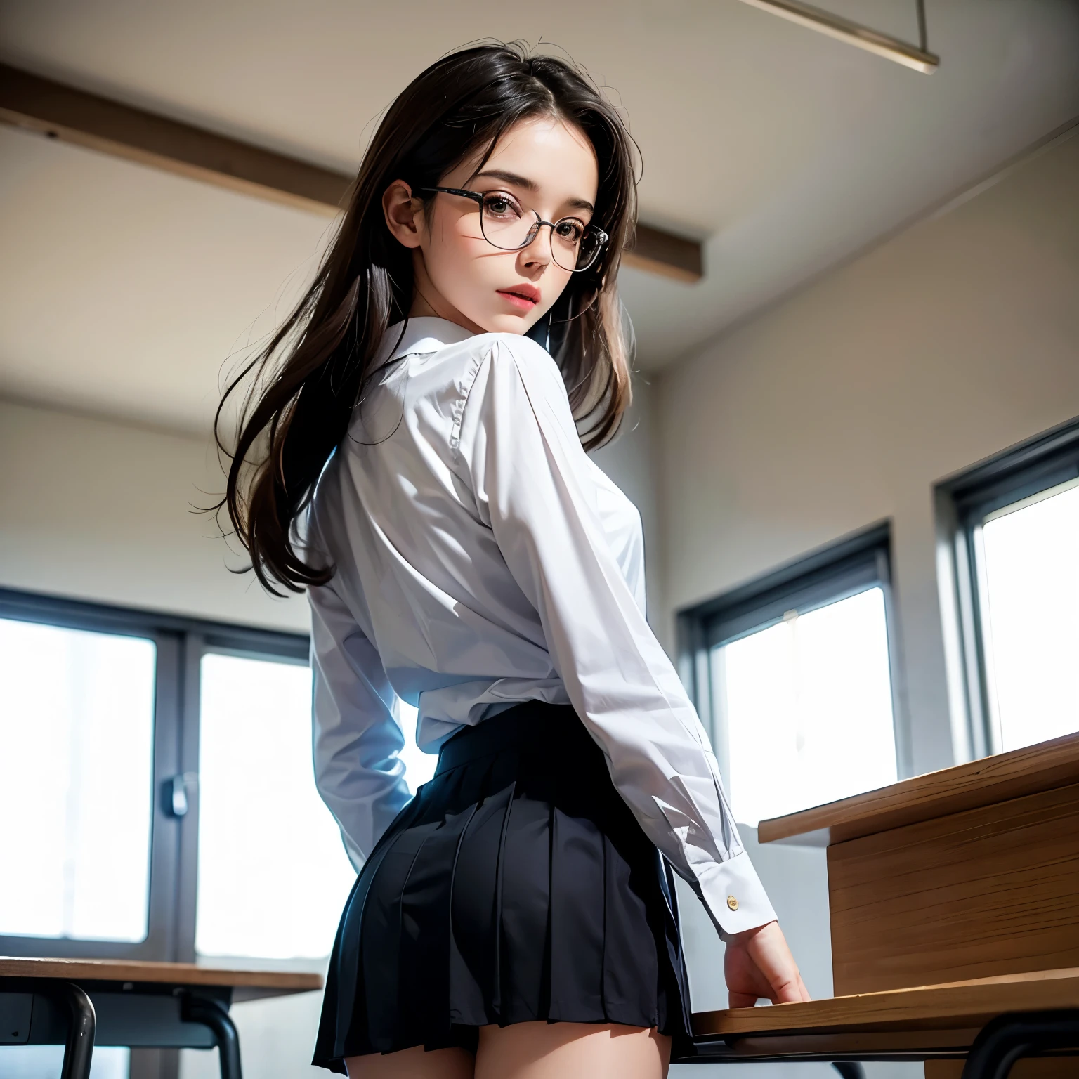 8ก, Masterpiece, Ultra HD, There are complicated details., raw photos, Highly detailed, raw photos, best quality, beautiful girl, 22 years old, Pale skin, real skin, Pleading eyes, open mouth, Wear a school uniform, open white shirt, 1 arm overhead, big breast, ((Grey Mini Skirt:1.3)), Black round glasses, ((Sitting front view:1.5)), ((Spread your legs, Open your legs wide.:1.4)), (sitting on a classroom chair:1.5), front view:1.5, blurred background, depth of field, (Lift up your skirt., show my white panties:1.1), Half body shot, Take a close-up photo, Barefoot, Slim shape, Slender legs, The body has slender muscles., big breast, Wavy hair, Grayish brown hair color, ((front view, from below:1.5)),white panties,Soft headlights,1 woman ,alone,beauty,1 girl