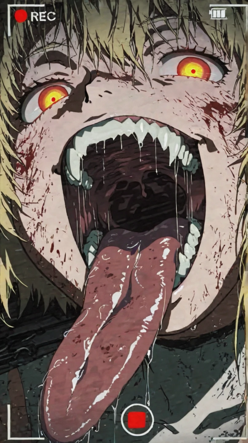 Chica anime con ojos azules y cuerpo de esqueleto,, Una escena del《Ataque a los titanes》, estilo de anime4 K, Annie Leonhart, cara, boca abierta, uvula, boca, lengua, lengua fuera, blue eyes, mirando al espectador, big mouth, ojos muy azules, fondo ataque a los titanes