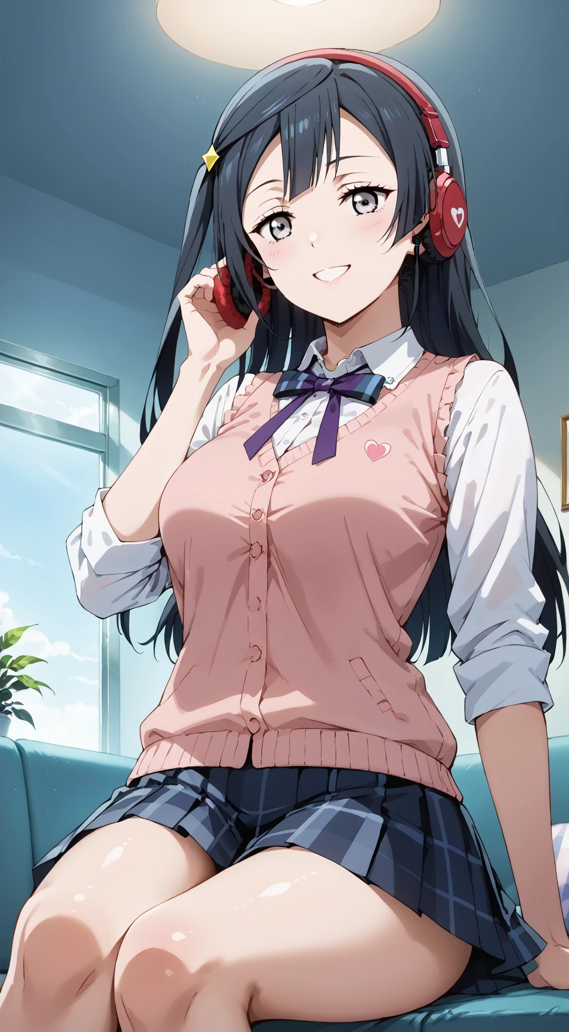 score_9, score_8_up, score_7_up, source_anime, 4K,perfect fingers,(perfect hands, perfect anatomy),prefect lighting, very aesthetic, intricate details,highly detailed background, masterpiece, high quality, best quality,
1girl, setsuna yuuki, yuuki setsuna (love live!), long hair, bangs, black hair, sidelocks, grey eyes, one side up, hair ornament, Large Breast,,
wearing ((large over-ear headphones, white blouse and a light summer knit vest on top, checkered pleated skirt, )),,
a girl listening to music, sitting on a sofa in her room, crossing legs, holding a smartphone and smiling gently with half-open eyes. Cozy atmosphere, soft lighting, casual indoor, angled view, from below, ((A sagging breast:1.2)),