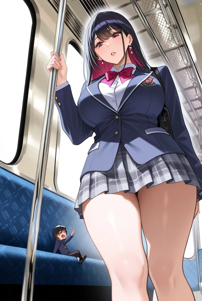 (1woman, 1old man), (skirt lift:1.8)), ((An old man looks into a woman's skirt from below:1.8)), (A girl and an old man face each other:1.8), the old man smiles evilly, (gigantic breasts1.7), anime cel style, highest quality, high resolution, bra, highleg pants, white sailor uniform, short sleeves, red neckerchief, blue skirt, blue eyes, purple hair, Bangs, side ponytail, hair ornament, embarrassed, scared, blushing, looking at camera, whole body, cowboy shot:1.6, crowded train