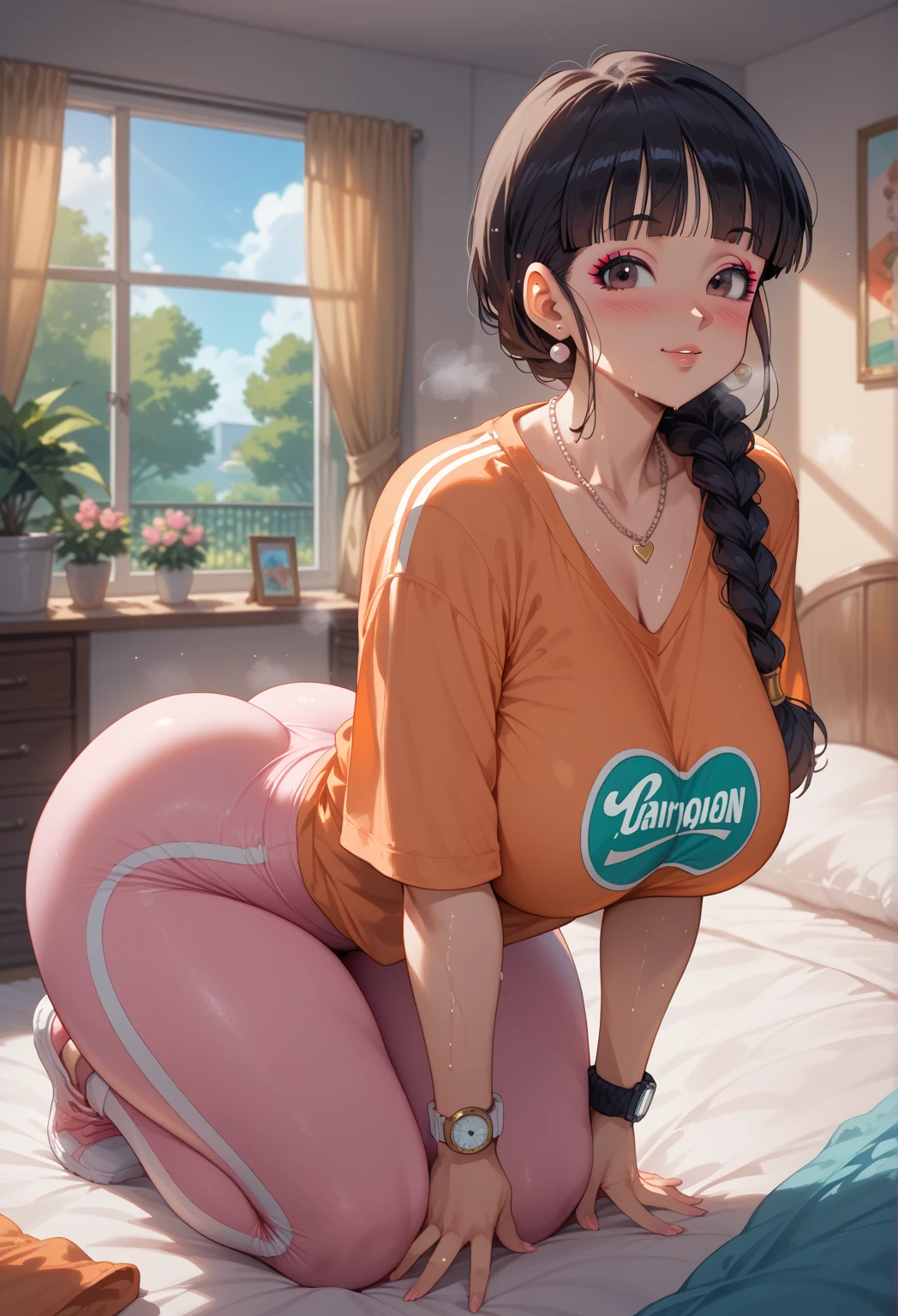 absurderes,(masterpiece、top-quality、8K ),insanely detaileda,Ultra-detailed,
1 cute girl,Black hair,Ponytail,Round glasses,beautidful eyes,long lashes,Eye Highlights,Glossy lips,
(restaurant, woman samurai, Standing, Holding the tray in your hand:1.2), (tight-fitting clothes:1.2), (Tight white tank top:1.4), (Wearing a white tank top over a naked body:1.1), (More Tangerine Orange Yoga Shorts:1.4), (Wear tangerine yoga shorts over pantyhose),(Owl print on tank top), (Plank Neckline:1.2), Bare shoulder, plump thighs,Smile,Professional Lighting,resturant