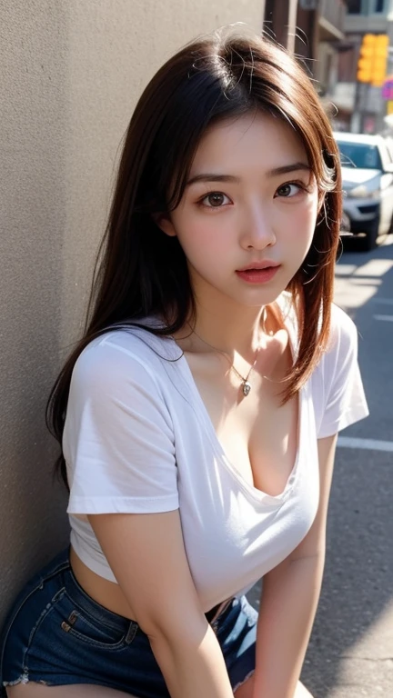 1girl,sexy pose,best quality,masterpiece,realistic photo,illustration,an extremely delicate and beautiful,CG,unity,8k wallpaper,Amazing,finely detail,masterpiece,official art,extremely detailed CG unity 8k wallpaper,incredibly absurdres,huge filesize,ultra-detailed,highres,extremely detailed,beautiful detailed girl,full frontal, tokyo landscape, detailed face, detailed eyes, detailed photography, shiny skin, sweaty, (white t-shirt, no bra, denim mini skirt), light contrast,
