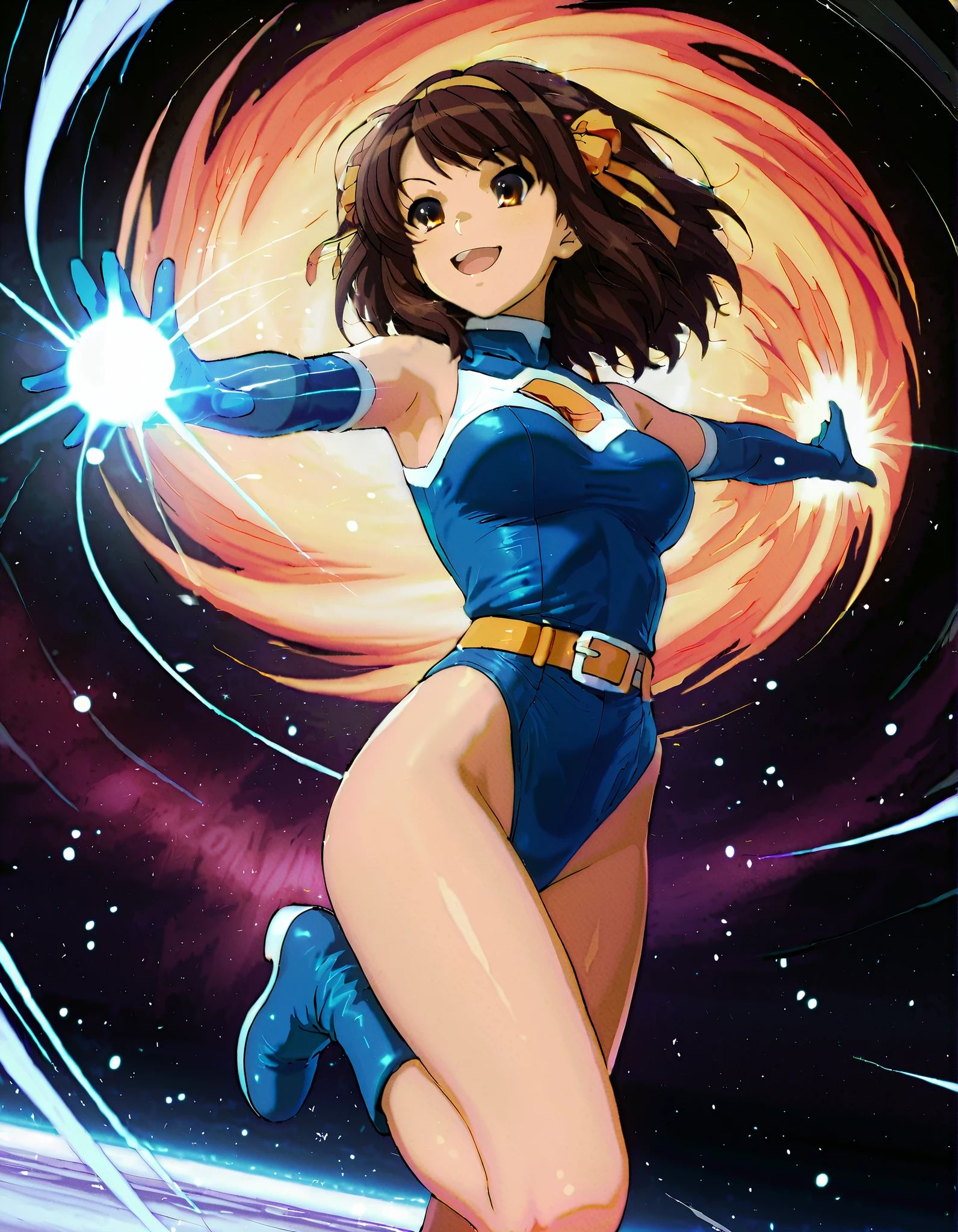(((pixel-perfect, detail-perfect))), 1girl, superhero, leotard, highleg leotard, bare legs, boots, standing, solo focus, golden belt, outstretched arms, spins fast in place like a tornado, full body shot, outer space, sleeveless, ultra highres, absurdres, beautiful face, detailed eyes, symmetric eyes, perfect body, good proportions, mature lady, (blue light, light swirls around her body), ((only five fingers))