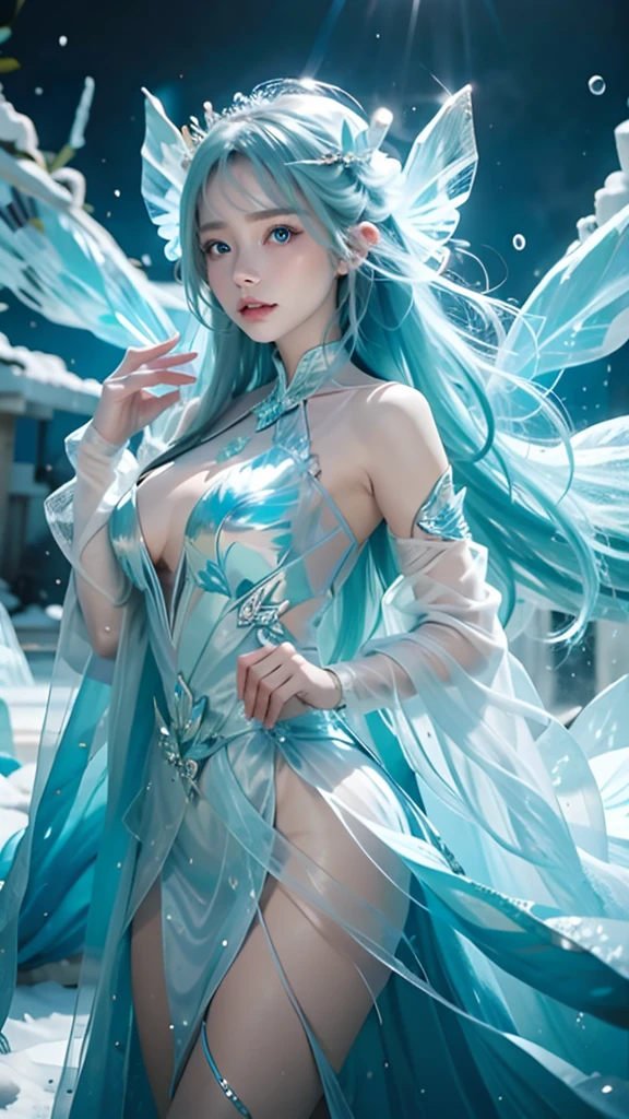Best quality, cinematic image, Detailе.ed image, fantasy, mythical creature, horns, ice scales, beautiful woman, ice spirit, The Snow Queen, blue skin, Ice Dragon, Dragon Wings, dragon tail, detailed beautiful голубыe eyes, very long wavy white hair, cold look, White dress, big beautiful breasts, full length, winter forest