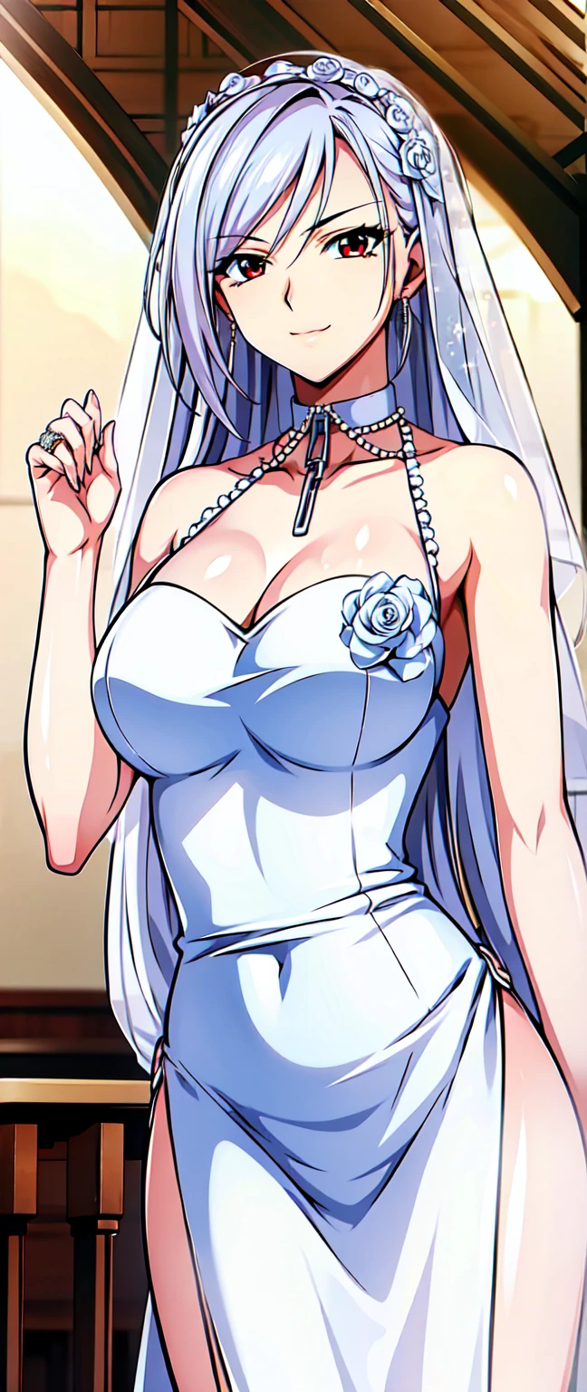 red eyes, (pure white background:1.4),(highest quality, masterpiece絵画:1.3), mature woman, 26 years old, whole body,(diamond necklace around neck),(from head to toe),looking at the camera, (From the side), masterpiece, ultra high resolution, (Photoreal:1.0), bright white hair,straight long hair, beautiful shining hair, white and shining skin, ((Ultra realistic details)), octane rendering, highly detailed face, bouquet in both hands, (big breasts:1.0),(gorgeous white wedding dress,white Wedding veil,delicate decoration:1.2), open neckline, cleavage, perfect body, soft skin, anime face, perfect face, perfect eyes, looking at the viewer, smart,, Lots of flowers at my feet, outdoors,sharp focus, intricate details, professional artwork, (bright colors:1.1), bright colors, diffused lighting, digital blending, ultra-definition body, ultra detail hair, super detailed face, It's trending on pixiv,perfect lips, perfect compensate, Ultra-precision coating, (light_smile:0.8), (Very embarrassed:1.2),A glossy look,