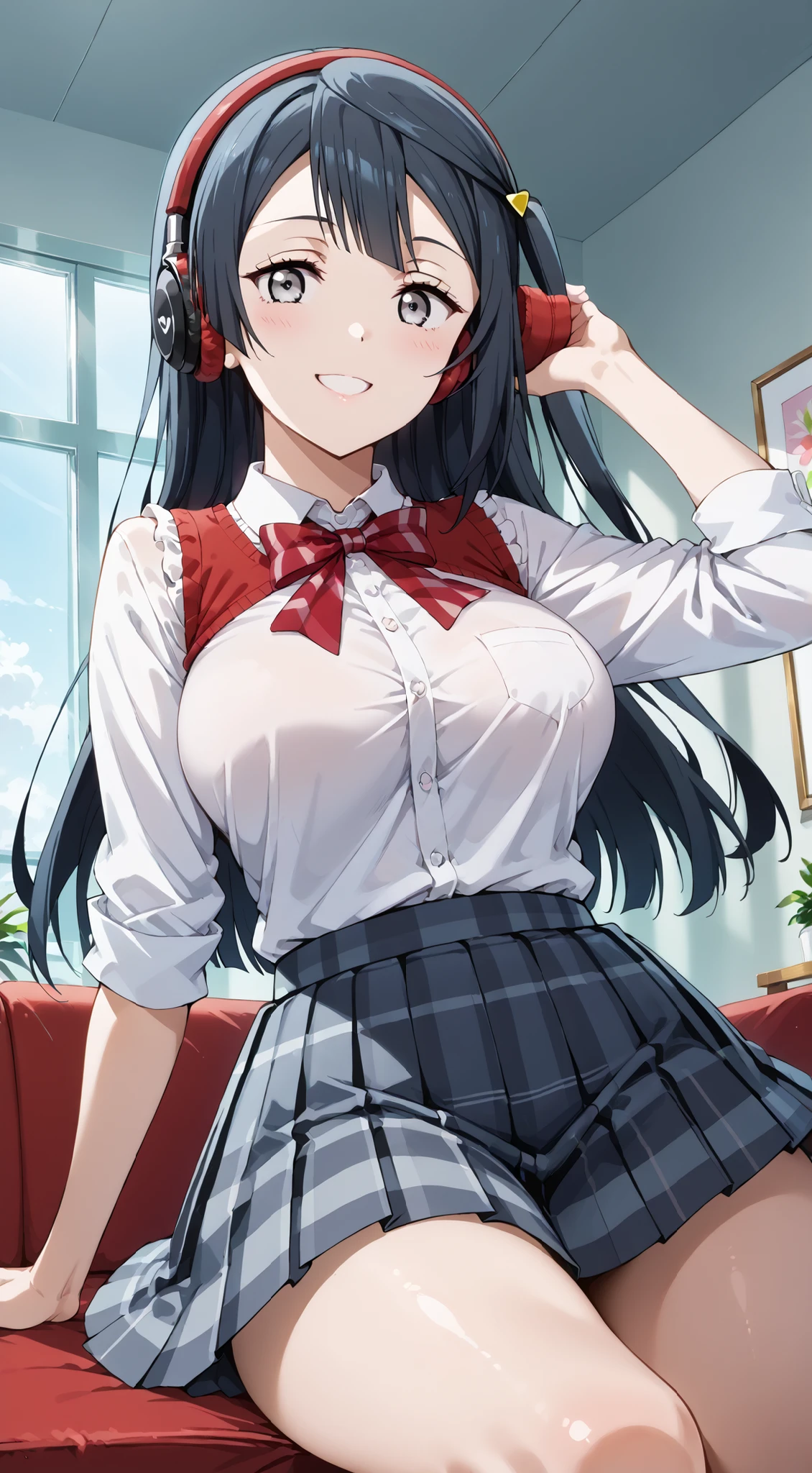 score_9, score_8_up, score_7_up, source_anime, 4K,perfect fingers,(perfect hands, perfect anatomy),prefect lighting, very aesthetic, intricate details,highly detailed background, masterpiece, high quality, best quality,
1girl, setsuna yuuki, yuuki setsuna (love live!), long hair, bangs, black hair, sidelocks, grey eyes, one side up, hair ornament, Large Breast,,
wearing ((large over-ear headphones, white blouse and a light summer knit vest on top, checkered pleated skirt, )),,
a girl listening to music, sitting on a sofa in her room, crossing legs, smiling gently with half-open eyes. Cozy atmosphere, soft lighting, casual indoor, angled view, from below, ((A sagging breast:1.2)),
