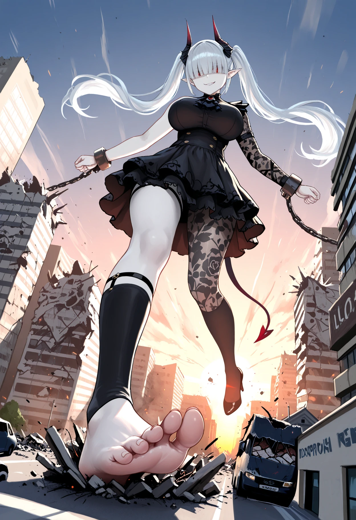 (award winning 8k :1.3) of (mad giant zombie chibi gts in the city, open mouth:1.3), angry, ferocious, extremely detailed background, darkness, flash, sweet, front, epic, (masterpiece:1.4), (best quality:1.4), Amazing, beautiful, finely detailed, (Depth of field:1.4), 8k, stunning, (light reflections:1), (crisp:1.6), red twin tails, vibrant, (edge detection:1.4), absurdres, impressive, 120mm, clear, lens flare, powerful