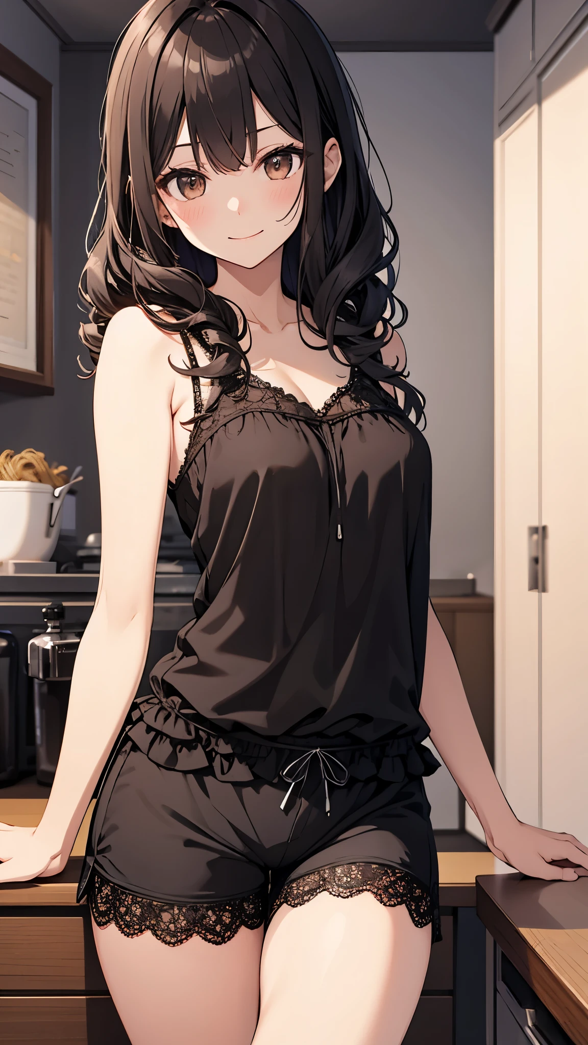 Hermosa chica despertando a tu lado, disheveled and wearing pajamas with a black nightgown and mini shorts.