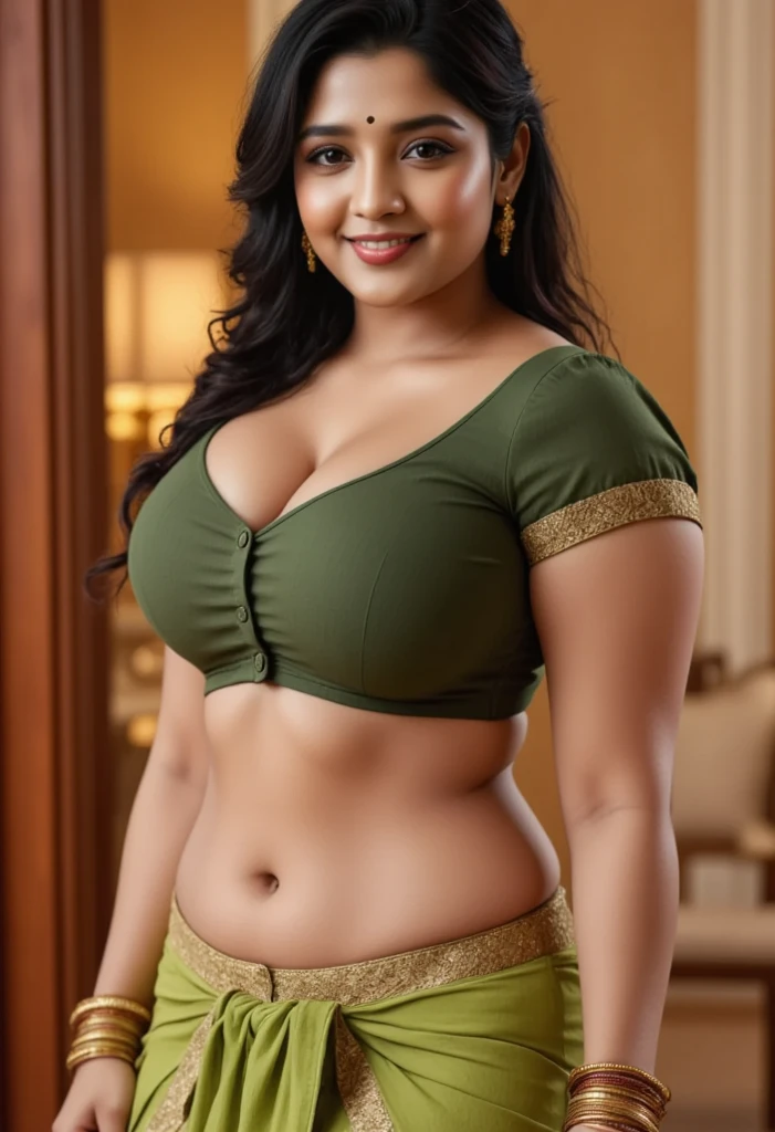 close up photo of a sexy married bengali woman, curvy body, large breasts, cleavage show, chubby cheeks, deep navel, nose ring, earring, seductive face, a water pot on her hips dark red lipstick, wearing a wet see through green saree, 18 year old girl, soft volumetric lights, (backlit:1.3), (cinematic:1.3), intricate details, (ArtStation:1.2)
