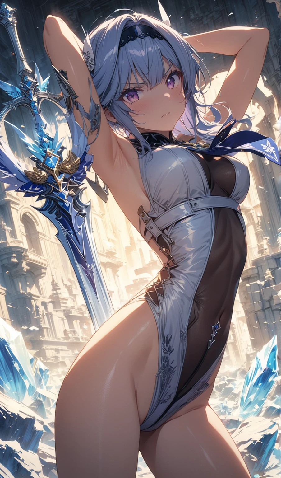((From before、True Face、Shot from a little below、Light up from below))、Beautiful and cute gal、(((Shortcuts、The background is a waterfall and an abandoned building covered in moss.、Angel Halo、The areola is showing through)))、highest quality、ウルトラ - High resolution、High resolution、Highly detailed CG、8k unit wallpaper、27 years old、(((A detailed and beautiful face、Detailed and beautiful eyes,Very large breasts、Platinum Blonde Hair、contrast)))、((((((( Brown Skin:2、Dark Skin:2 , Cleavage ,Moist eyes)))))))、(Black glossy body:1.8),((Sunburn mark))、((((((loose socks、Sweat、White cloth and white loincloth、Thin cloth、Fluttering in the wind、High heels、Knees wide open to the outside、touch hair、A straight, luminous holy sword))))))
