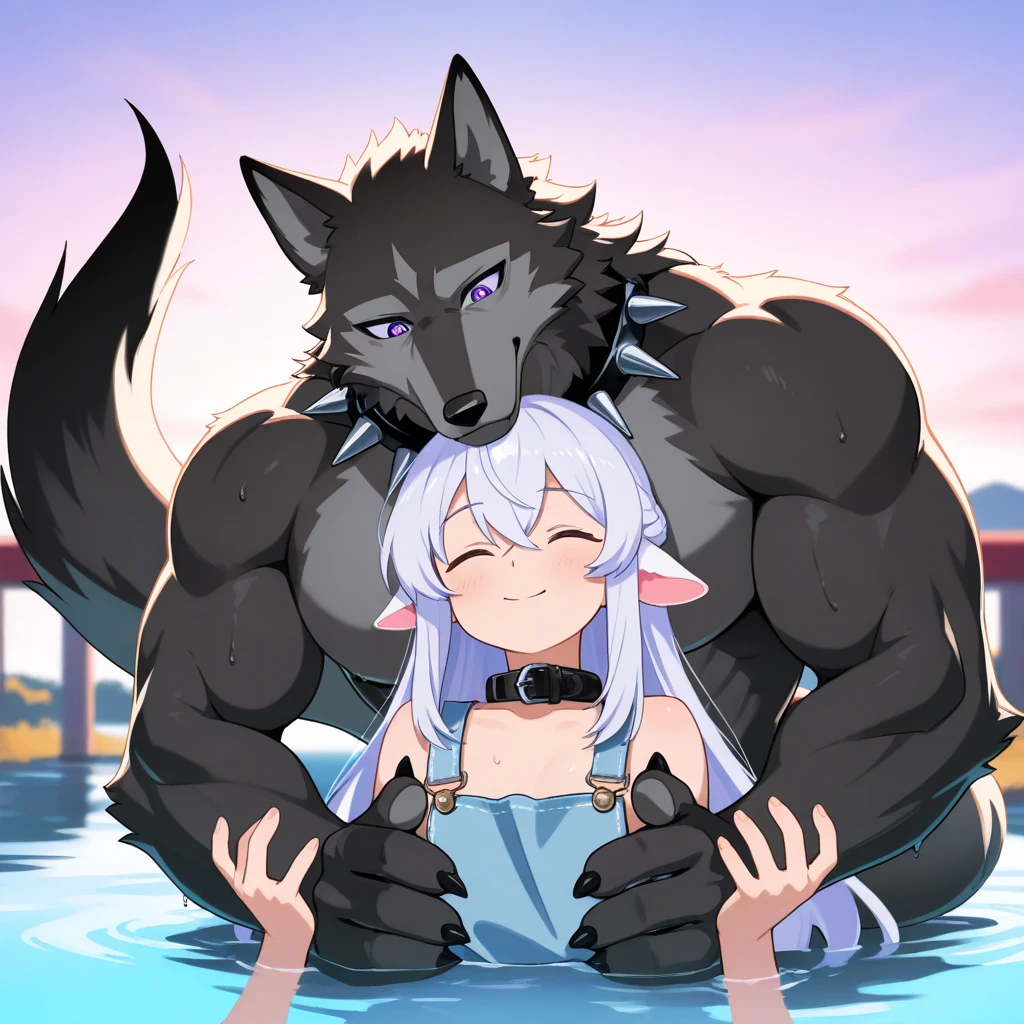 Duo, Score_9, score_8, score_7, kemono style, a cute gray anthro shark girl, animal ears, sharp teeth, green eyes, short white hair, Grey body, naked, at the beach, sex, doggystyle sex, she is getting fucked by faceless human male, male is cropped out, they are in water, sex from behind,
