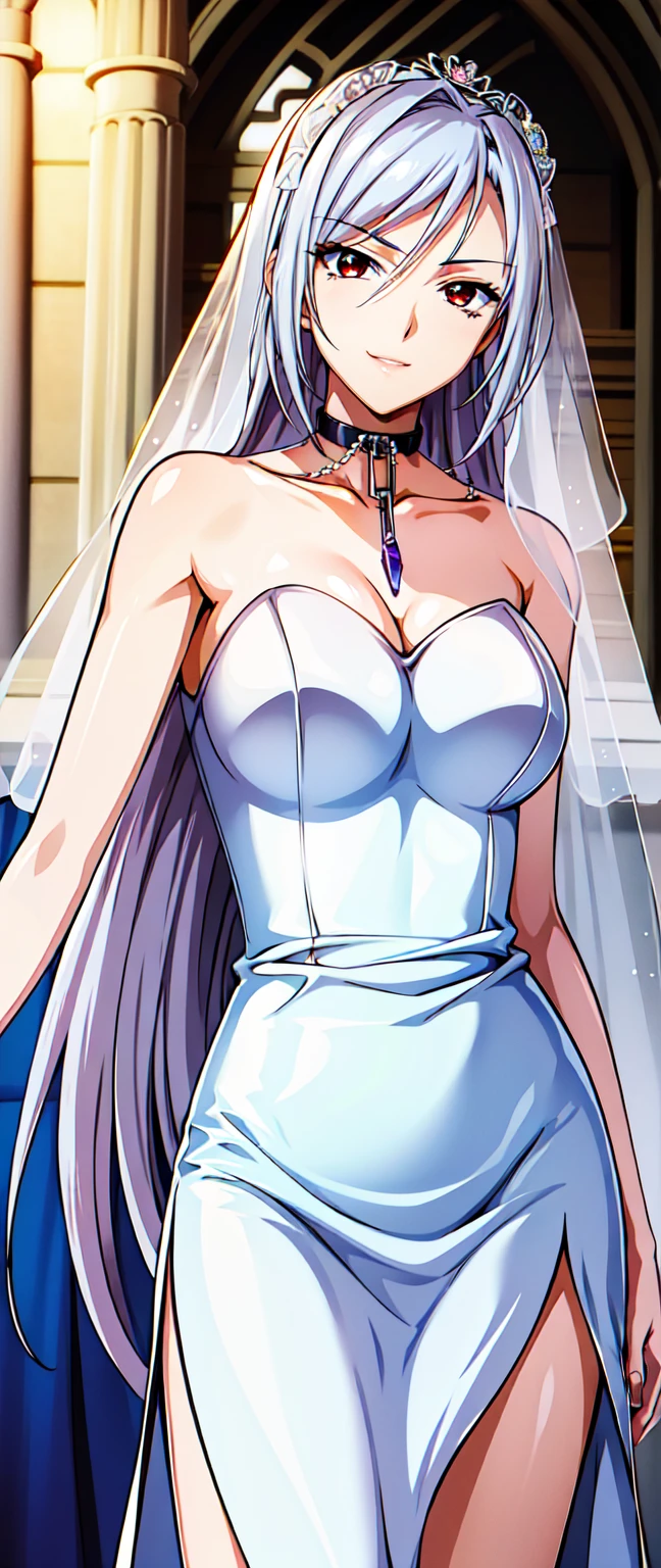 red eyes, (highest quality, masterpiece絵画:1.3), mature woman, 26 years old, (half body shot), masterpiece, ultra high resolution, (Photoreal:1.0), silver hair、straight hair, beautiful shining hair, white and shining skin, ((Ultra realistic details)), octane rendering, highly detailed face, (big breasts:1.0), (Sexy and gorgeous wedding dresses,red wedding dress,long skirt:1.2) open neckline, cleavage, perfect body, soft skin, anime face, perfect face, perfect eyes, looking at the viewer, smart, Under the cherry blossom tree background, church, cherry blossom petals are falling, outdoors,sharp focus, intricate details, professional artwork, (bright colors:1.1), bright colors, diffused lighting, digital blending, ultra-definition body, ultra detail hair, super detailed face, that'that'It's trending on pixiv, top button open, Cute gaze, compensate, perfect lips, perfect compensate, Ultra-precision coating, (light_smile:0.8), (Very embarrassed:1.2), blush your nose,