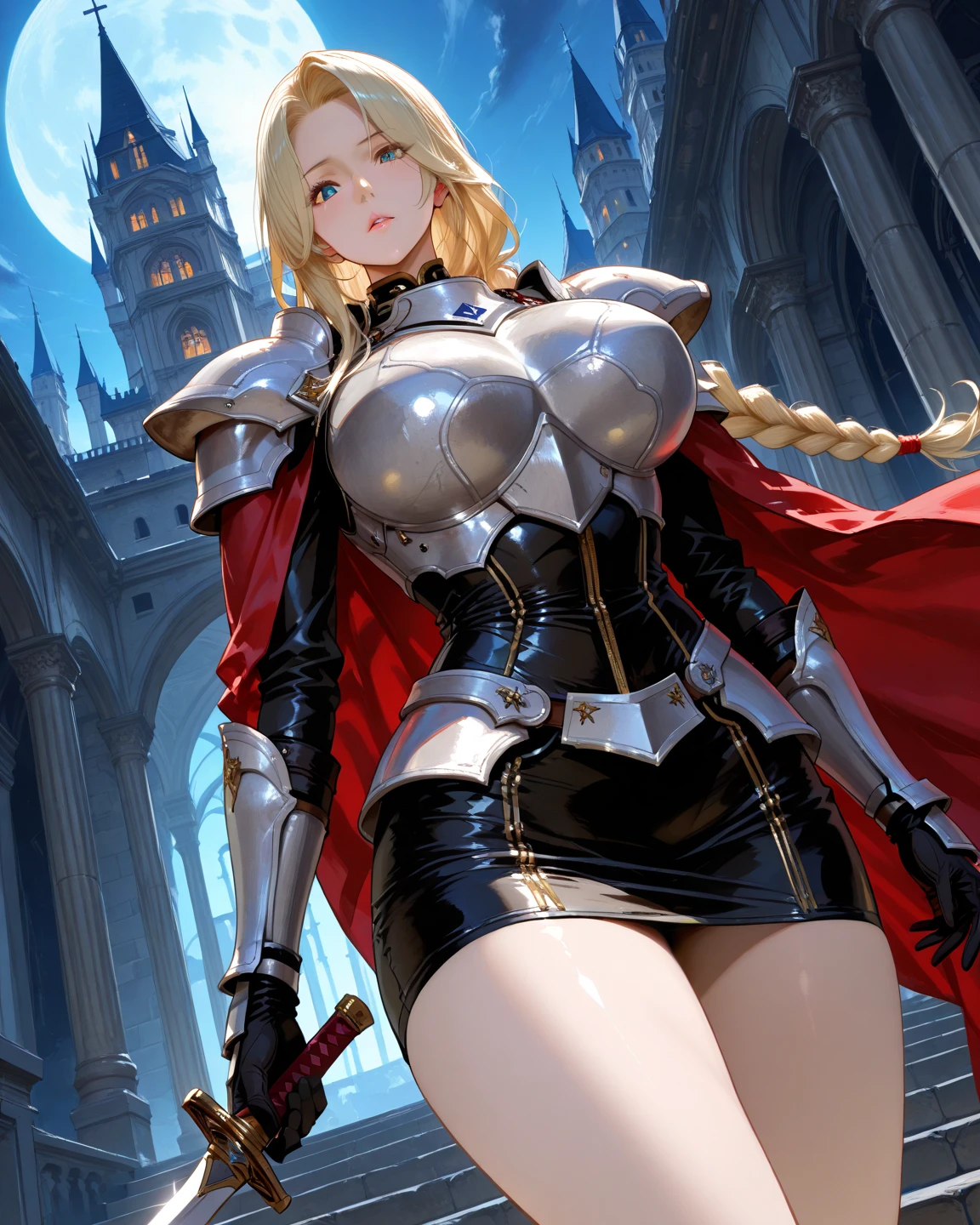 Masterpiece, best quality, White headphone, blonde, Korean woman, tall, slender, Female Knight, red armor, beautiful face, beautiful hand, anime pastel, cleavage, Castle, wide-angle