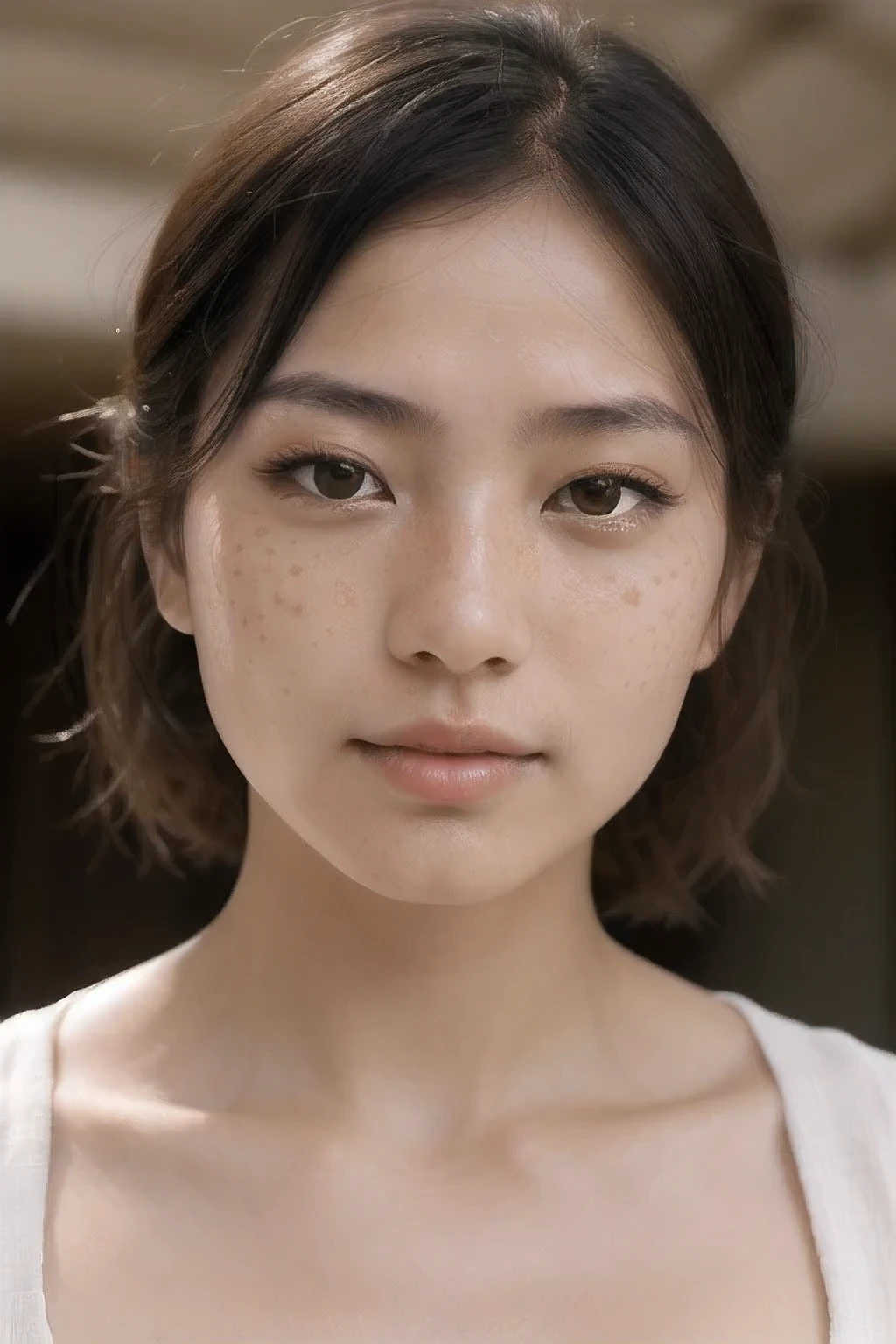 Portrait of a beautiful Japanese woman, natural skin texture with minor imperfections (freckles, pores, small spots), soft natural makeup, calm facial expression, normal lighting, realistic style, high resolution, detail and sharpness