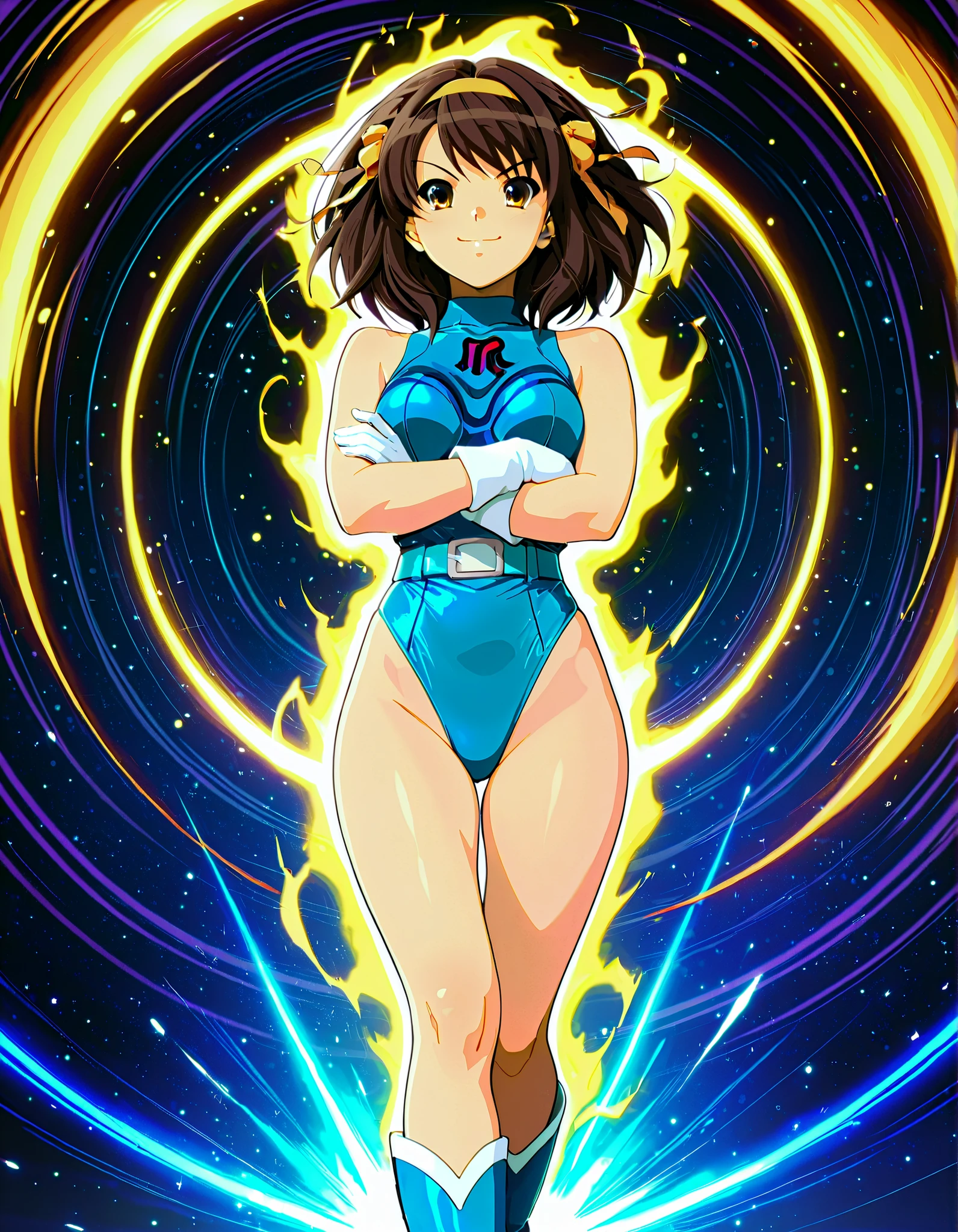 masterpiece, best quality, highres, 1girl, solo, superhero, leotard, blue and white leotard, bare legs, brown hair, short hair, brown eyes, hairband, medium hair, ribbon, boots, matching boots, blue boots, medium breasts, cowboy shot, standing, smile, haruhi suzumiya, kyoani haruhi style, sleeveless, spread arms, spinning like a tornado, cyclone spinning, rapid gyration, super power