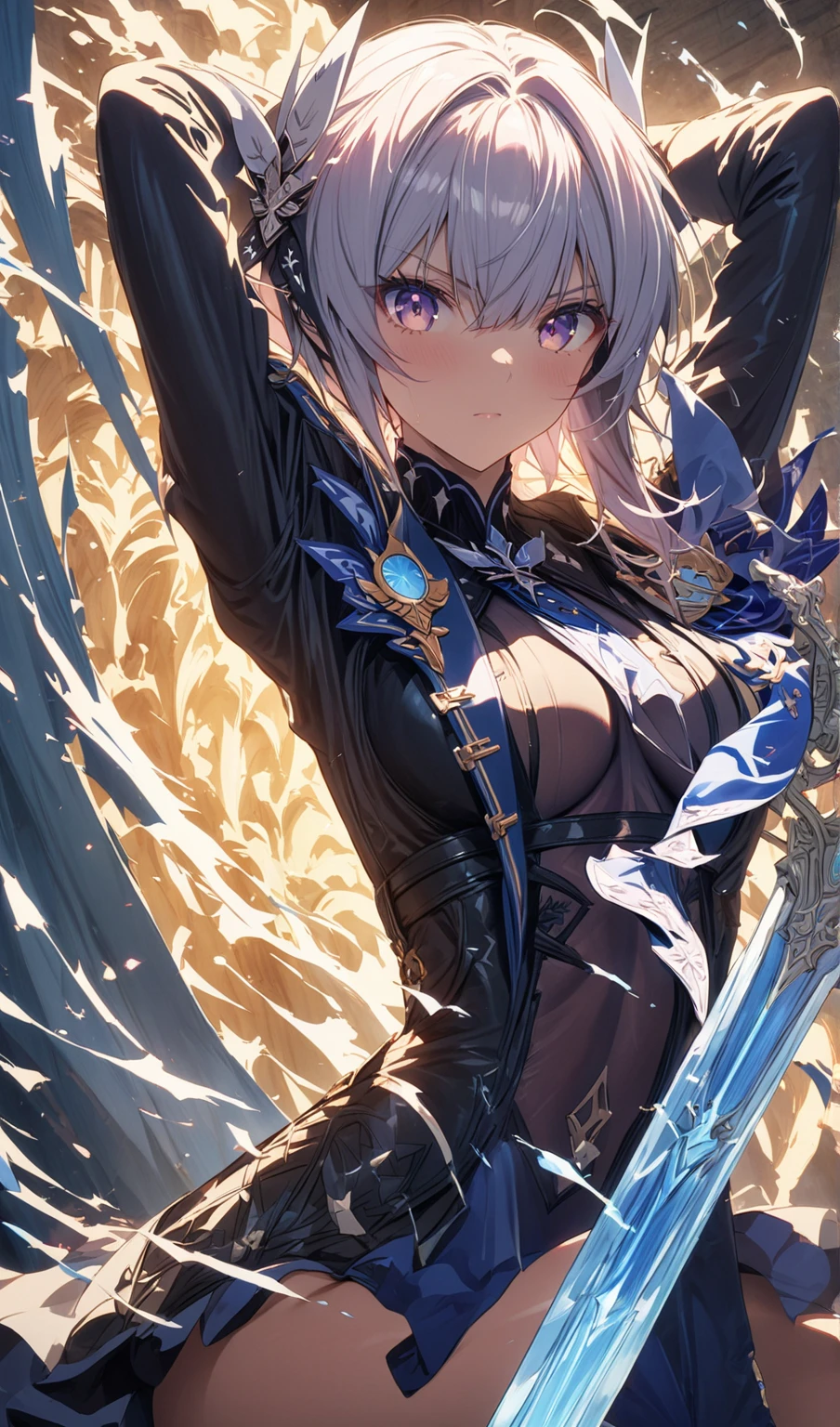fantasy, 1angel_girl,(young_teen:1.5), ,brown_hair, medium_bob_hair, long_bangs, halo,bare_shoulder,thighhighs,silver_armor, waist_armor, large_breasts,1pair_wings, dynamic_pose_fighting,floating, bare_crotch, headgear,gauntlet, greaves,city_landscape_background,slightly_spread_legs, solo, groin_naked,smile