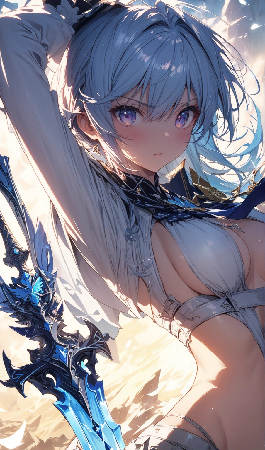 ,snap shot,red katana,fighting stance,(holding huge katana:1.3),samurai armor,,,{{{Huge breasts}}},,,,,,long skirt, brooches,Blue brooch,,(dark Blue hair:1.25),gradient_hair,( Green eyes:1.25),hair_ornament detached ,,Very Long Ponytail, poneyTail,, (head fins:1.25),、,iaidow,weapon, katana, holding sword, ready to draw, sheathed, unsheathing, scabbard,(Masterpiece, best quality), ultra-detailed, full-bodied cyber punk magical girl, hold on high tech energy KATANA,,cyber outfit, cyber hi-tech boots, high resolution, digital painting, 8k high resolution, trending art station, white background, whole body.