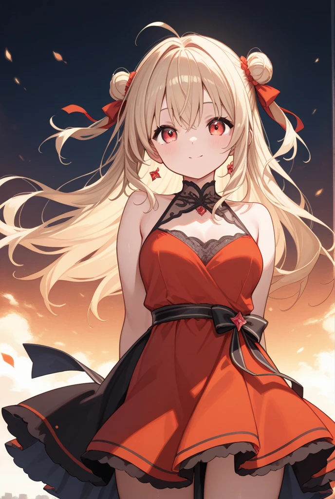 One blonde girl、red-eyed、Red dress、night、The sea
