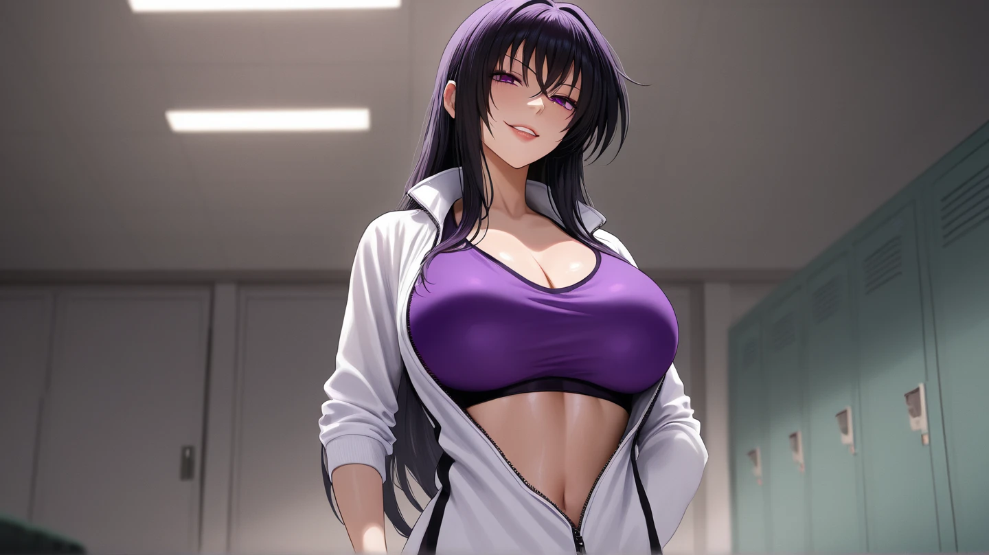 Big breasts, she is a Milf ((beautiful tanned busty, 35 years old)), ((natural punk style wavy black hair, voluminous side bangs cover the eye)), double eyelids, light eyes, detailed eyes, hyper detailed, eye effect light in the eyes, detailed irises, with incredible breasts and perfect waist, and an extremely sensual body, ((purple hooded jacket, cropped top underneath, stylish, cool leggings)), ((round breasts))), beautiful heavy makeup , cleavage, ((masterpiece, hyper realistic, hyper detailed, best quality, 16k, light and shadow effect on skin, vivid colors)), eyeliner, passionate expression, perfect lips, innocent and sexy face, she is sassy, mischievous smile ((skin with light and shadow), beautifully seductive, ((she is beautiful)), elegant pose, flirting with the viewer, in variable sensual pose, inside the gym, beautifully seductive, she is in the gym hallway, wall left glass
