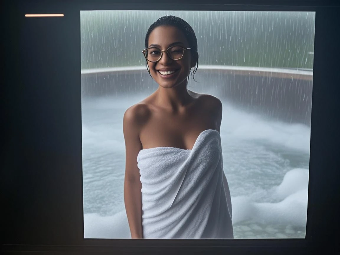 (8K) (REALISTIC) Tanned Brazilian woman with short, curly and black hair, base of red glasses, wet body, white blouse, wet nightgown, coming out of the wet bathroom facing a night window, (masterpiece), anatomically perfect body, feared position, (only woman), (woman alone), shy face, Marking on the chest, marking ((realistic photo))