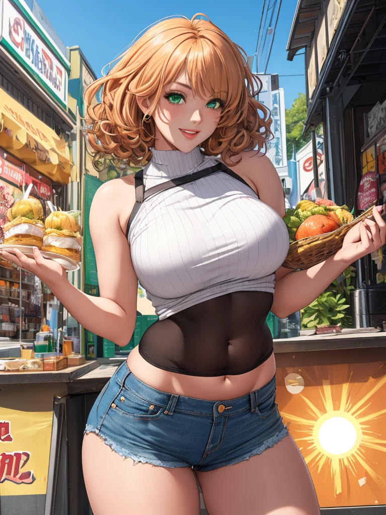 ((highres)), Masterpiece, high quality, best quality, beautiful, perfect lighting, detailed face, ultra cute face, depth of field, full body shot, (cowboy shot 1.5), wide angle, ((1girl)), ((solo)),
Short hair, messy hair, orange hair, green eyes, ((blush)), bright smile, looking at viewer, (white tank top 1.5), (micro jean shorts 1.5), ((thick thighs)), (wide hips), (pudgy), cleavage, medium breasts, perky breasts, hand on hip, holding ice cream, cute pose,
20 year old female, standing in a park, (park), daytime, summer time,