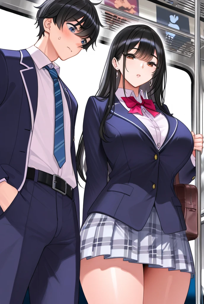 realistic anime art style,(tareme),(curvy body),black unkempt hair,bow tie,dress shirt,(navy pleated skirt),(plaid skirt),unpretentious adult woman standing in crowded train station,sweaty,nipple-through,(anguish and blushed),look at viewer