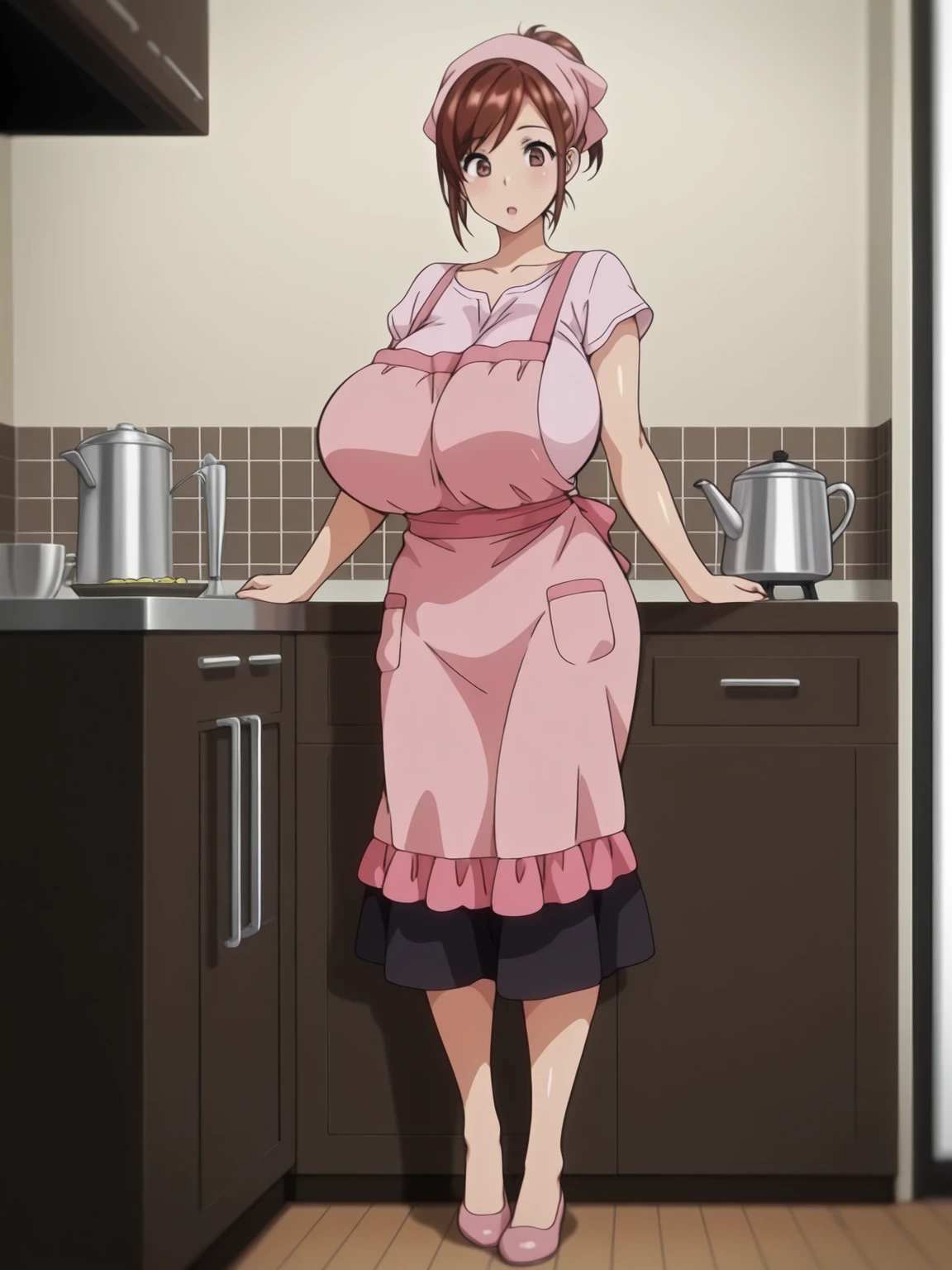 masterpiece, highest quality, High resolution, One girl, solo, sexual intercourse, Pornographic images, short hair, etsukoto, brown Eyes, fine grain, fine grain, (((Thick thighs, Plump thighs, Voluptuous thighs, Thighs alone are enough))), ((Huge and ample breasts, Cleavage, big long breasts)), Naughty big,((big breasts are important))、((Naughty thighs)), L Cup, (thin:1.4),(Tight waist:1.4), (yellow dress:1.4), ((waist apron)), white panty, (((indoor))), ((Wide Hips)), Shiny, Oily skin, Mature mother, Calf, Seductive mature woman, milf, Perfect body, Plus Size Model, curvy, ample, etsukoto, blush, clavicle, retro artstyle, 1990s (style), (thick thighs:1.4), (from side:0.9), Bare legs,