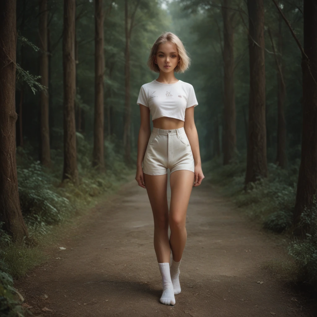 analog photo of 20yo blonde girl, perfect body, white t-shirt, perky natural breasts, white shoes, posing,forest, dslr, grainy, found footage, green eyes, amateur photo