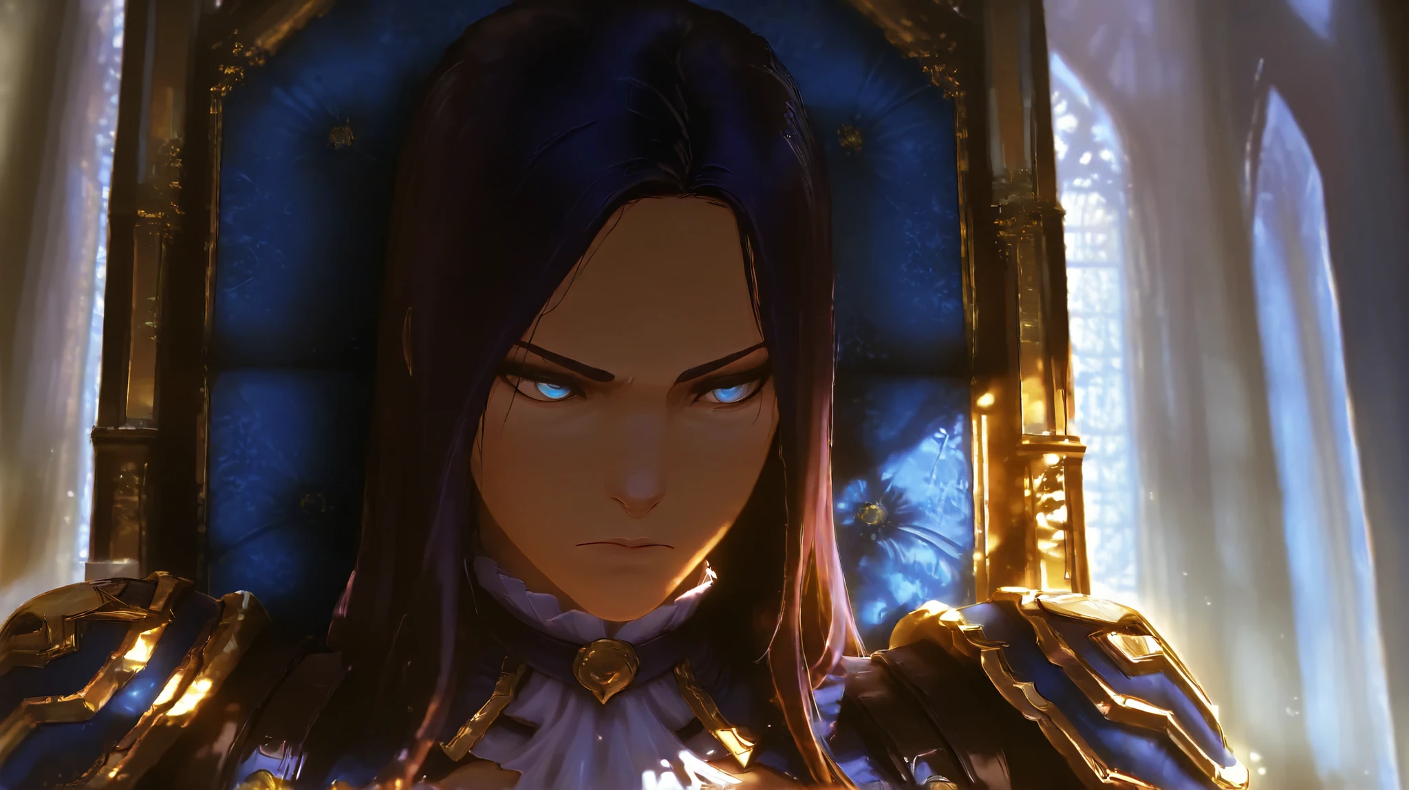 Caitlyn (league of legends), Sitting on Royal roomcaitlyn, sitting, royal room, portrait, detailed facial features, serious expression, elegant posture, ornate throne, grand palace interior, sunlight streaming, intricate architecture, rich textures, dramatic lighting, cinematic composition, digital art, concept art, photorealistic, 8K, highly detailed, masterpiece, HDR, vivid colors, dramatic atmosphere