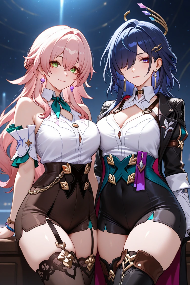 yinji,purple_hair,purple_eyes,very_long_hair,grey_hair,braided_ponytail,large_breasts,gradient_hair,(beautiful girl and girl), Big watery eyes, multiple_girls, 2girls, yuri, looking_at_another, Look at each other, (masterpiece), (best quality), (ultra-detailed),