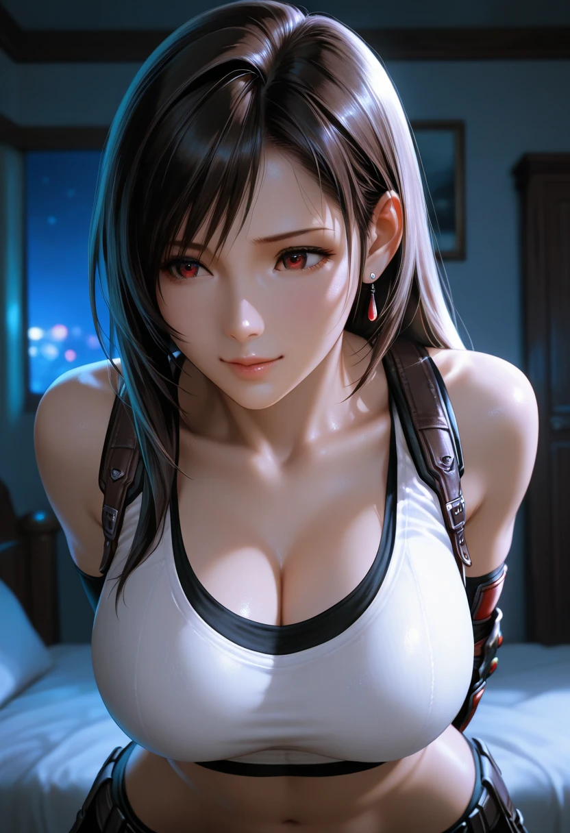 (((((tifa lockhart:1.5))))),((Highest quality、masterpiece、anime style、best quality、high resolution、8k、detailed、ultra-detailed:1.3)), Beautiful woman with perfect figure:1.4、(Smiling:1.2), double eyelid、30-year-old female、((((One Woman,beautiful face,Beautiful face:1.5)))),Big Breasts、High resolution, accurate, Anatomically correct, High-resolution model, high quality, Very detailed, Ultra high definition、Black Hair、Straight Hair、Long Hair、(WHITE see-through brassiere, WHITE see-through panties,Near future city、nigh