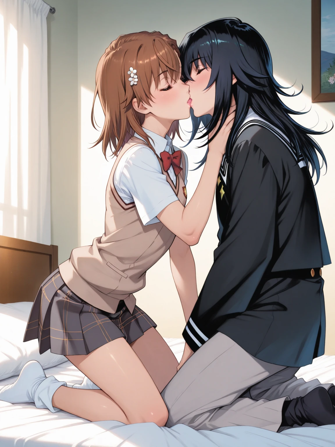 18-year-old,high school girl,,Military-style  for girls, skirt,Beautifully detailed face and eyes, Intricate details, whole body,shiny navy hair, short hair, Parted bangs, Yellow Eyes, Large Breasts,Penetration Sex,Creampie Sex,whole body精液まみれ,kiss,Viewer&#39;s perspective,Hug your audience