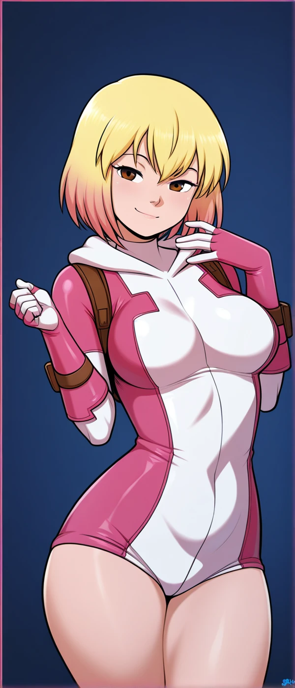 masterpiece,best quality,ultra-detailed,illustration,1girl,clover \(totally spies\),blonde hair,short hair,blue eyes,(grin:0.7),looking at viewer,standing,upper body,pov,<lora:brj-clover-v1:1>,outdoors,park,tree,cloud,pink bodysuit,cameltoe,covered nipples,covered navel,(flat chest),bunny pose,