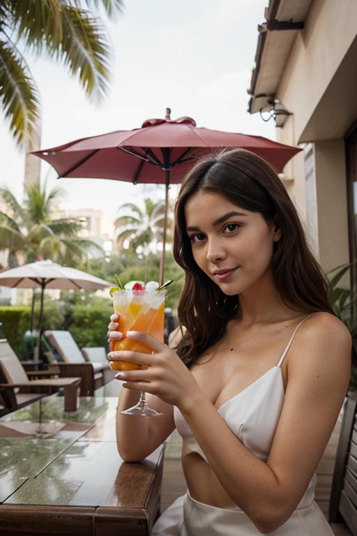 avec un cocktail sur un transate a la plage