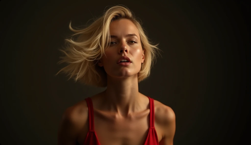 Cinematic Silhouette of a female against a turquoise backdrop, glowing particles around her, voluminous white hair highlighted, (closed eyes:1.2) and calm expression profiled, (small breasts, orange top off shoulders), freckled skin, the photograph captured in stunning 8k resolution and raw format to preserve the highest quality of details, (her eyes are portrayed with meticulous attention to detail: 1.3), The photograph is taken with a lens that emphasizes the depth in her eyes, the backdrop is a dark room setting that enhances the colours of the scene. The lighting and shadows are expertly crafted to bring out the richness of her skin tone and the intense atmosphere. Her hair adds contrast against her skin, the overall composition captures her essence with authenticity and grace, creating a portrait that celebrates her heritage and beauty. Photography utilizing the best techniques for shadow and lighting, to create a mesmerizing portrayal that transcends the visual,