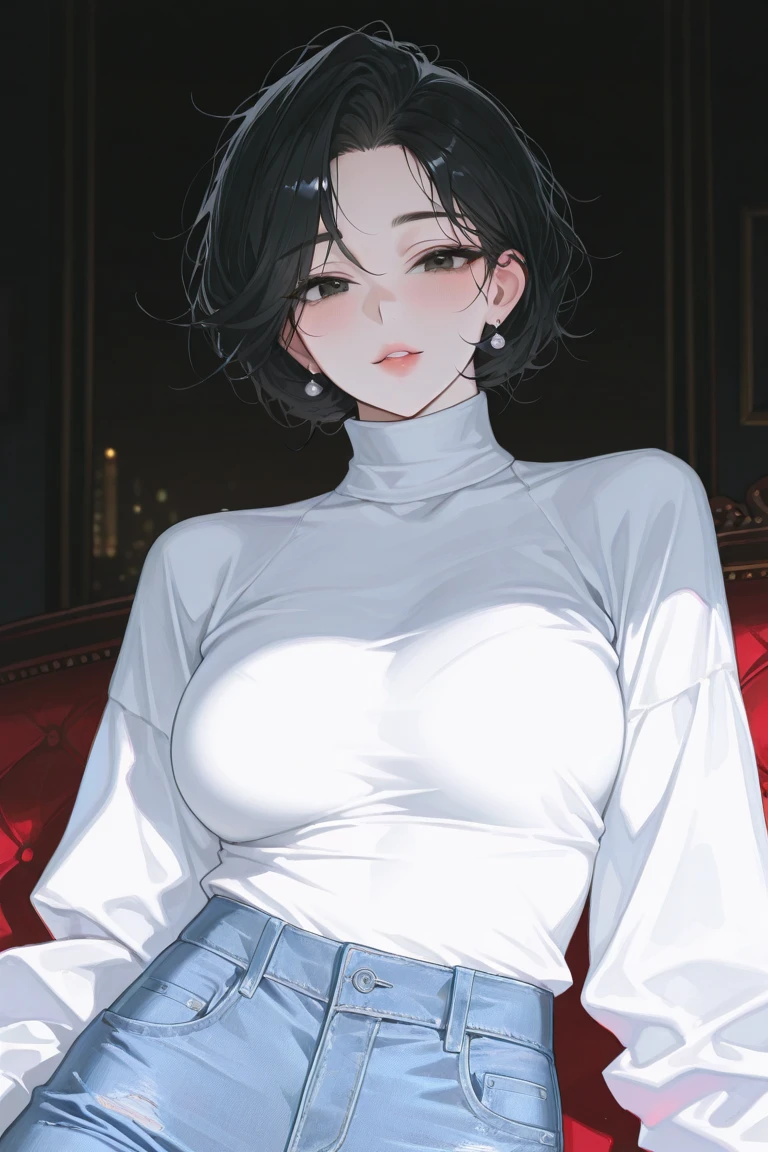 ((((masterpiece, best quality, high resolution)))), Extremely detailed 8K, Beautiful girl with voluptuous body, (Ultra HD, Ultra-detailed, Highly detailed, Highly realistic, Ultra-realistic, photograph realistic), (1girl:1.5), (Realistic black hair), (short wavy hair, hair ornaments, earrings), (dynamic poses), facing at camera, looking at viewer, (blushing red, embarrassed), (green eyes, sharp eyes), (big perky breasts:1.2), (beautiful detailed face, beautiful detailed eyes), ((naked)), (detail pussy), (sitting on bed:1.3), sweat, glow, (sunbeam, sunlight), ((cowboy shot)), bedroom, seductive