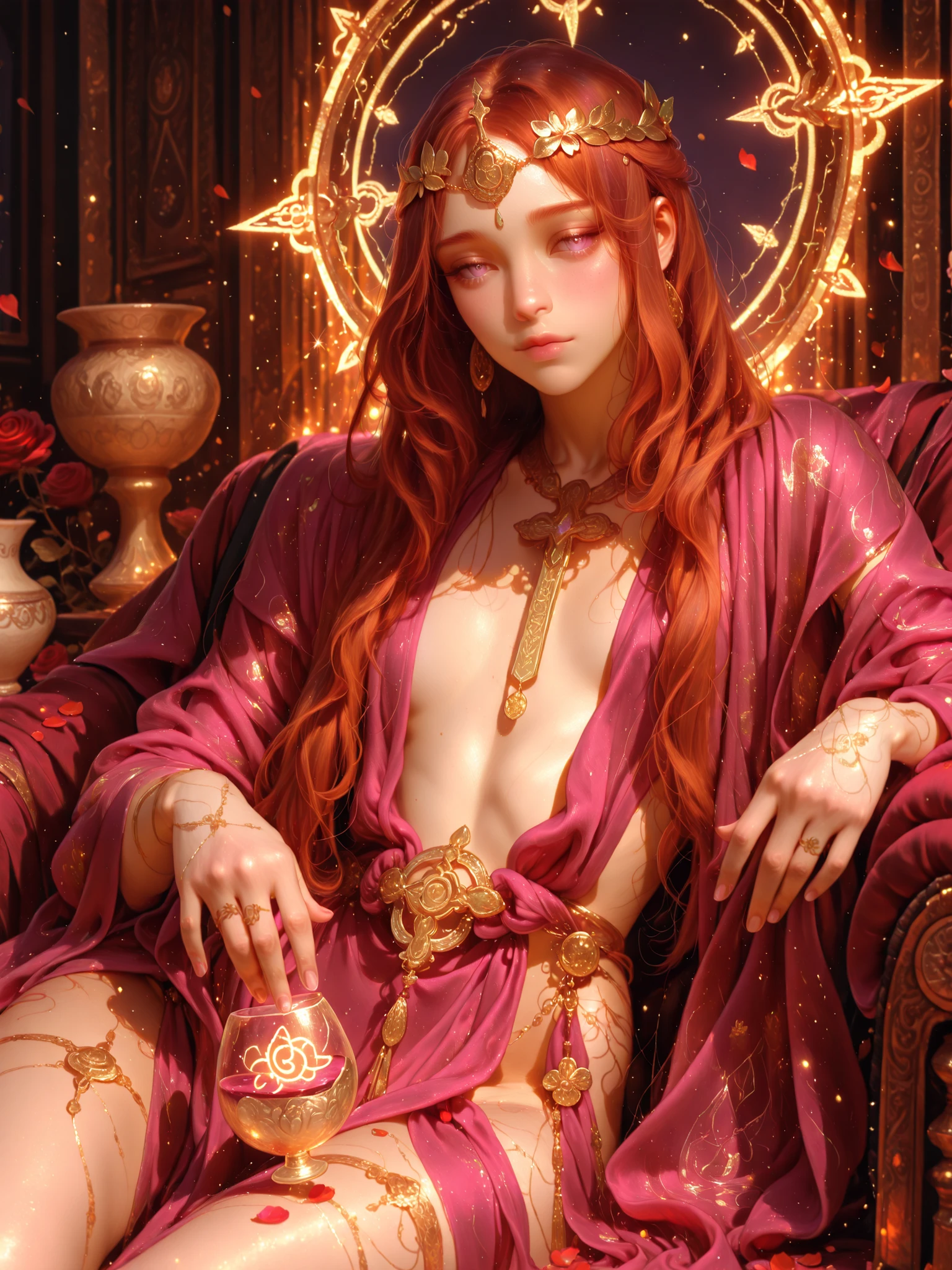 1 girl, A playful, androgynous female demon noble. She is a duchess , seated gracefully. Her hands holds a thick as an offering to her. She has long, flowing auburn hair, porcelain skin, and wears a ducal crown adorned with sacred geometry and old runes. Her gaze is alluring, wise, and slightly melancholic, as if holding forgotten truths. She wears revealing attire naked top flowing wine color silk robes embroidered with golden thread and subtle occult symbols. The air shimmers with faint sigils and drifting rose petals. Behind her, a moonlit desert rises with soft mist and starlit skies. Style: detailed fantasy illustration, ethereal lighting, soft shadows, high realism with mystical overtones.