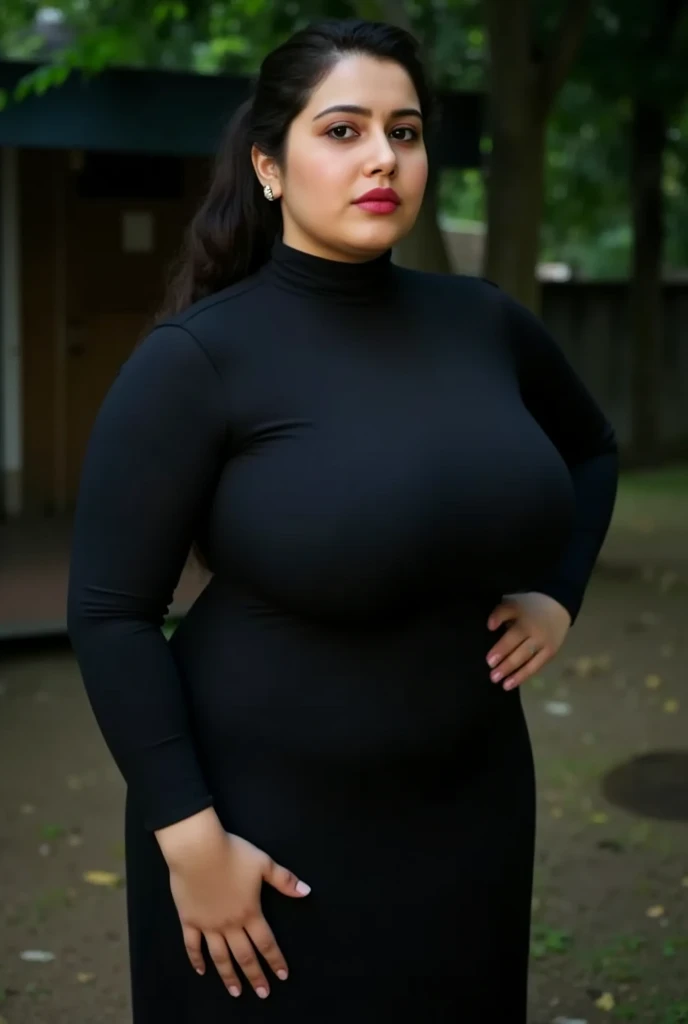 araffe woman in a biki dress, thicc, she has a jiggly fat round belly, bbwchan, wearing tight simple clothes, skinny waist and thick hips, widest hips, her belly is fat and round, soft curvy shape, hyperrealistic full figure, wearing a cute top, wide hips, monsoon background , curvy plus size, big breast , full body view long distance camera angle , see background