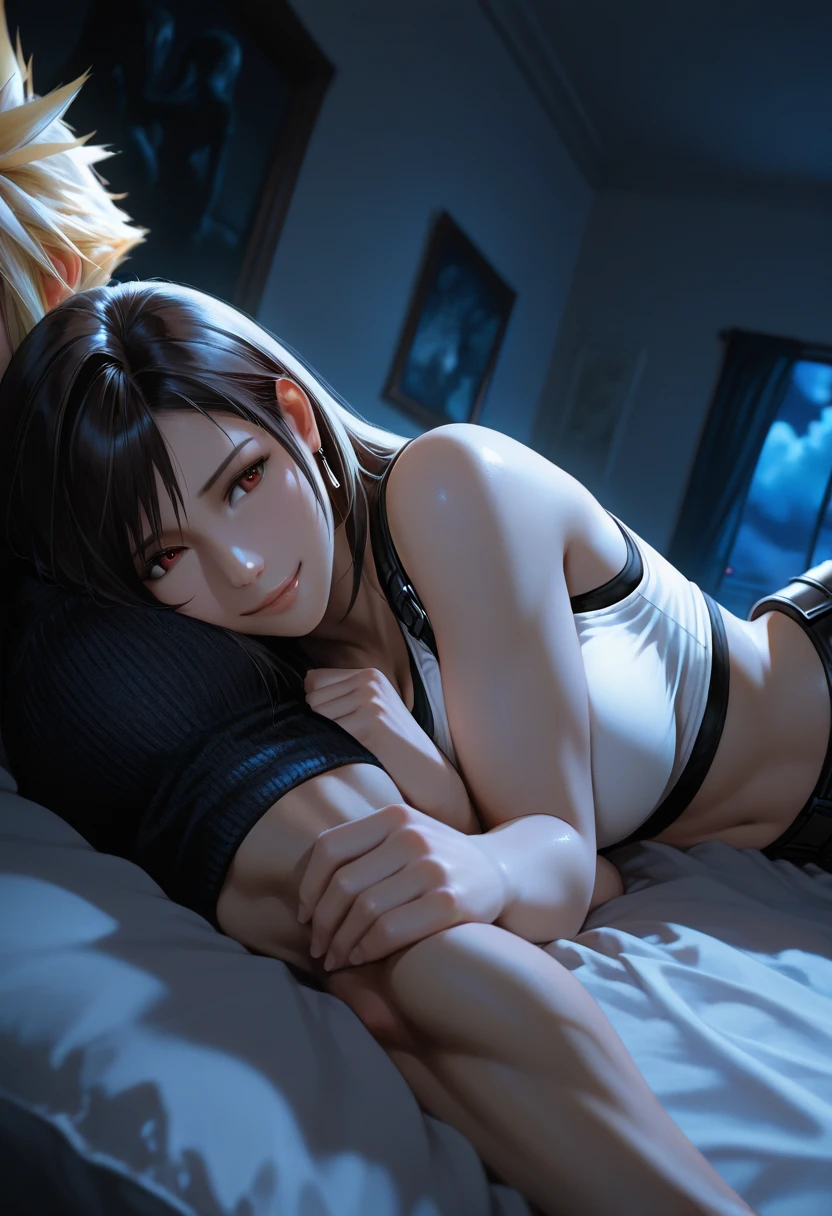 kasumi from dead or alive, long ponytail hair, blowjob sex in bed