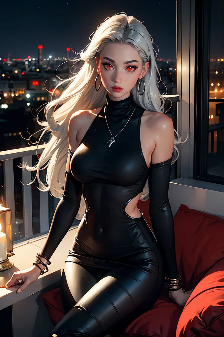 realistic, 1girl, white hair, purple eyes, glowing eyes, crop top, underboobs, skirt, parted lips, blush, night, sun, sunlight, sea village, sea at night, night sky, port