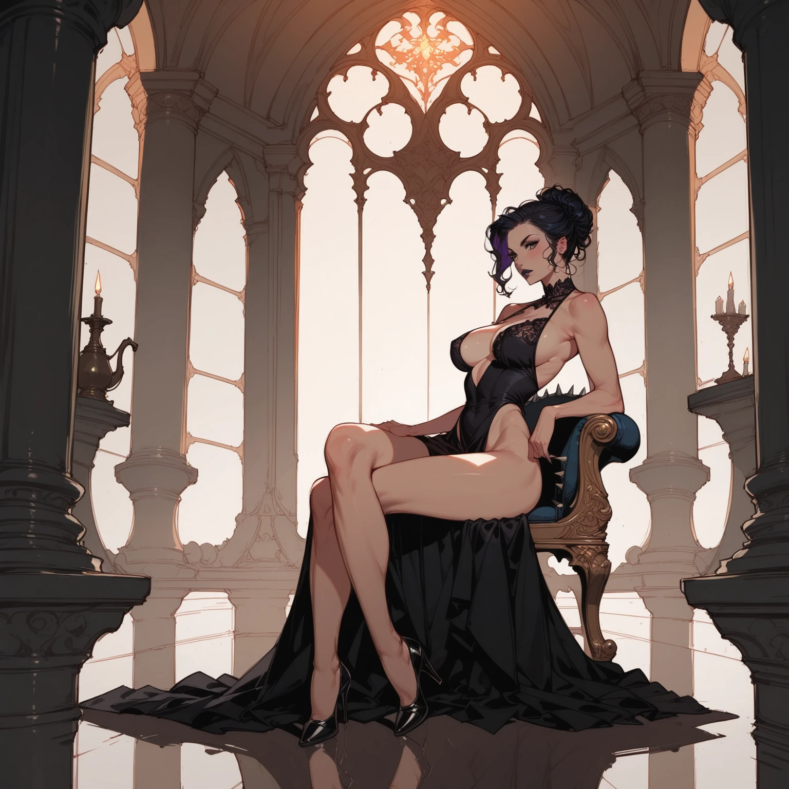 A masterfully crafted 3D render of an evil businesswoman sitting on a grand, ornate throne at the head of a long office table in a dimly lit room. The woman, with her mesmerizing beauty, exudes both power and darkness. Her outfit is a blend of luxurious materials used to make a scandalous risqué business suit, adorned with shimmering materials and intricate designs. Behind her, the stained glass windows cast a vivid Tyndall effect, with beams of light piercing through the darkness and creating a haunting atmosphere. The room itself is a blend of gothic and modern architecture, adding to the unsettling aura surrounding the queen. This illustration is a breathtaking example of anime realism, showcasing the artist's incredible skill and attention to detail., 3d render, anime, fashion, illustration, she has massive breasts that cannot be contained in her ripped open waist coat, massive hyper sized breasts lactating, tubes and milk pumps connect to breasts. Milk tanks. Breast pumps collecting her milk, strapped to a golden throne as she’s milked by breast pumps. Breasts bigger then her body, breasts hooked up to hundreds of tubes and wires.